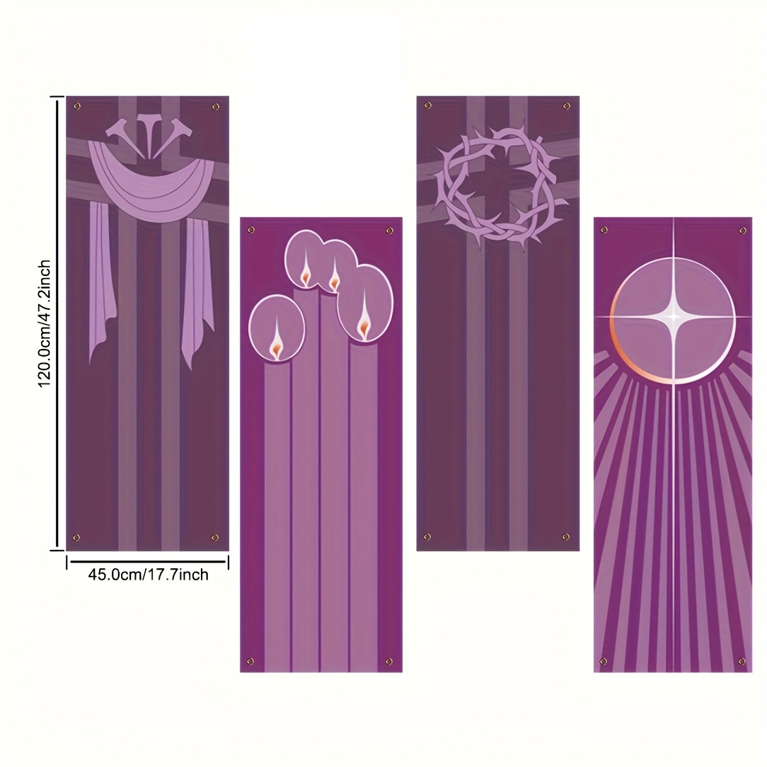 TEMU 4pcs Church Banners - Painted With Candles, Cross & Patterns, Purple & White Polyester Hanging Signs For , School Church, Home Wall Decor - No
