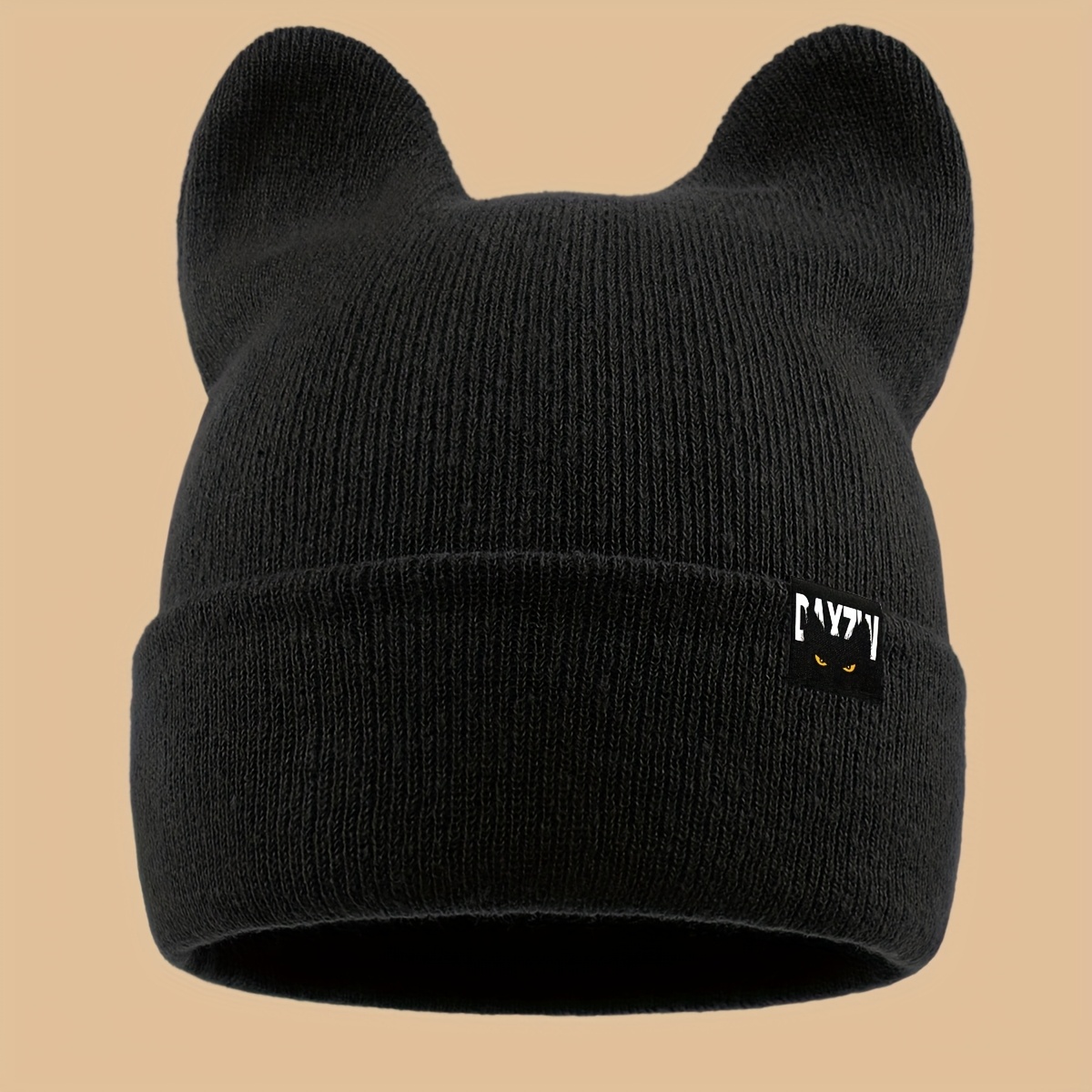 TEMU 1pc Fashionable Printed Warm Cat Ear Hat, Unisex Autumn/winter Brimless Beanie, Ear-protecting Plush Hat, Winter Outdoor Brimless Hat For Women,