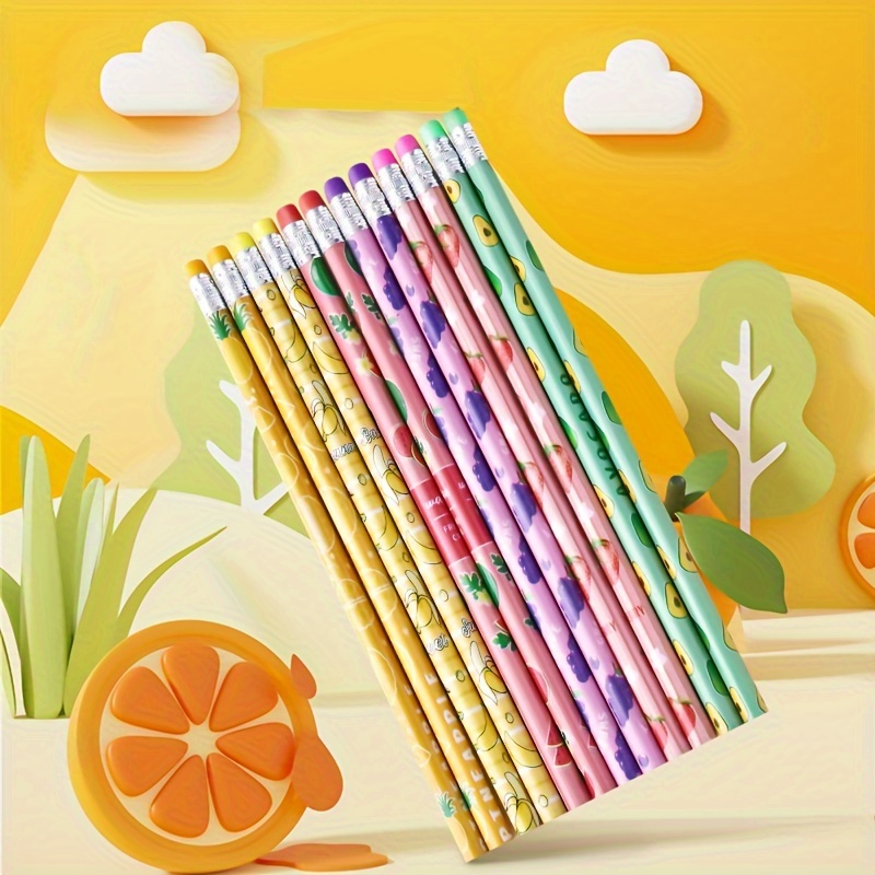 

artistic Inspiration" 12-piece Cute Cartoon Fruit Pattern Hb Pencils With Erasers, 2mm Lead - Perfect For Students & Sketching