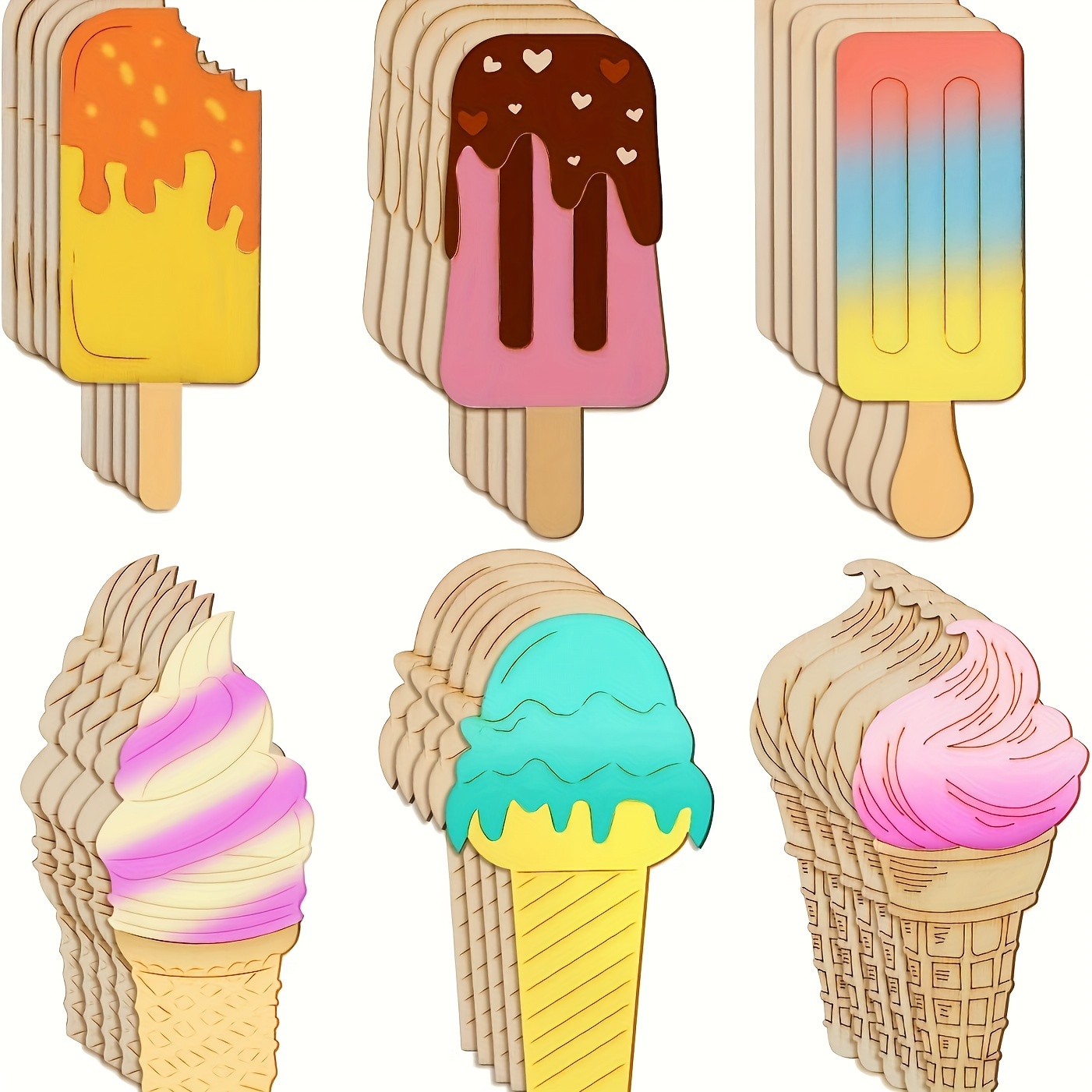 

30-piece Summer Ice Cream Wooden Cutouts - 6 Unique Designs, Diy Craft Blanks For Painting & Home Decor Ice Cream Decor