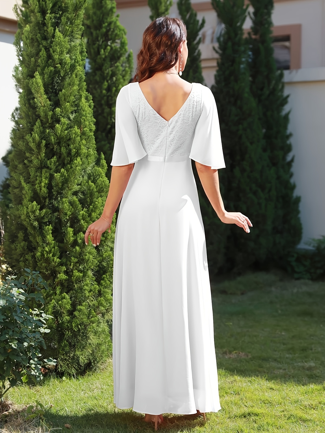 elegant chiffon wedding dress for women middle east style v neck with ruffle sleeves and corset detail nylon blend solid color tent silhouette long dress for spring summer fall without padding 20025