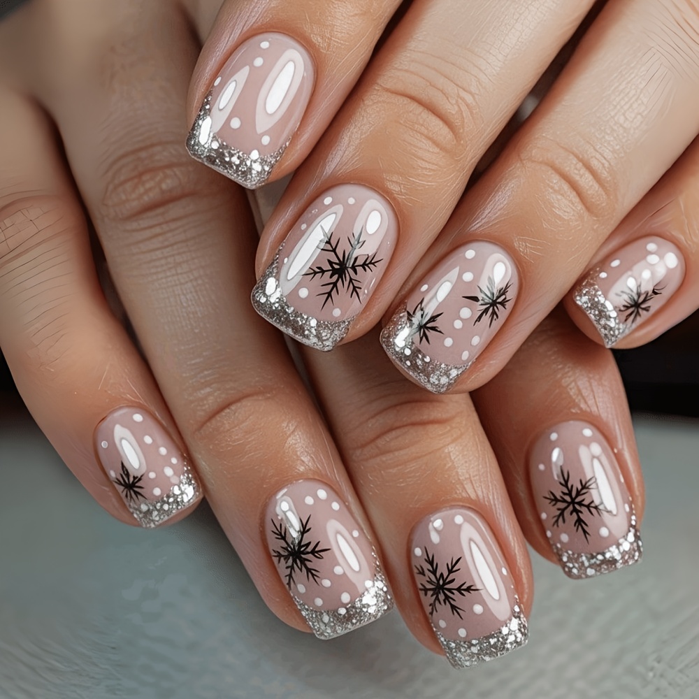 TEMU Christmas Edition 24pcs Short Square Press-on Nails Nude Pink With Silvery Edge, Snowflake Polka Dot, Gentle Winter Vibes Fake Nails Includes