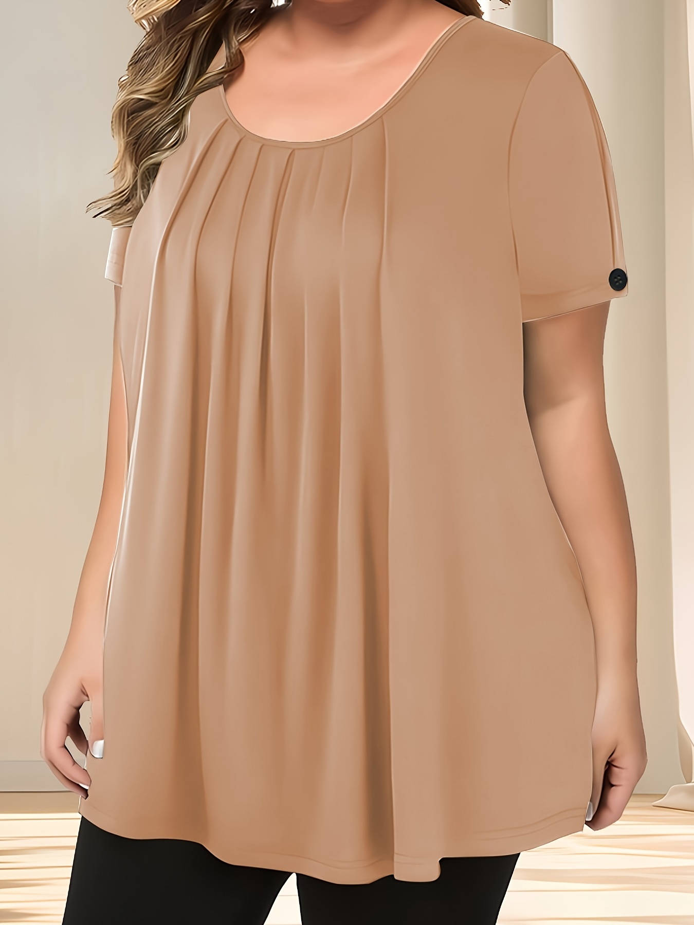 Women'S Casual Crew Neck Short Sleeve Blouse, Solid Color Plus Size, Lightweight Polyester with Subtle Stretch, Flared Hem, Spring/Summer Fashion Top, Casual Wear Blouse | Elegant Plus Size | Simple Eleganc