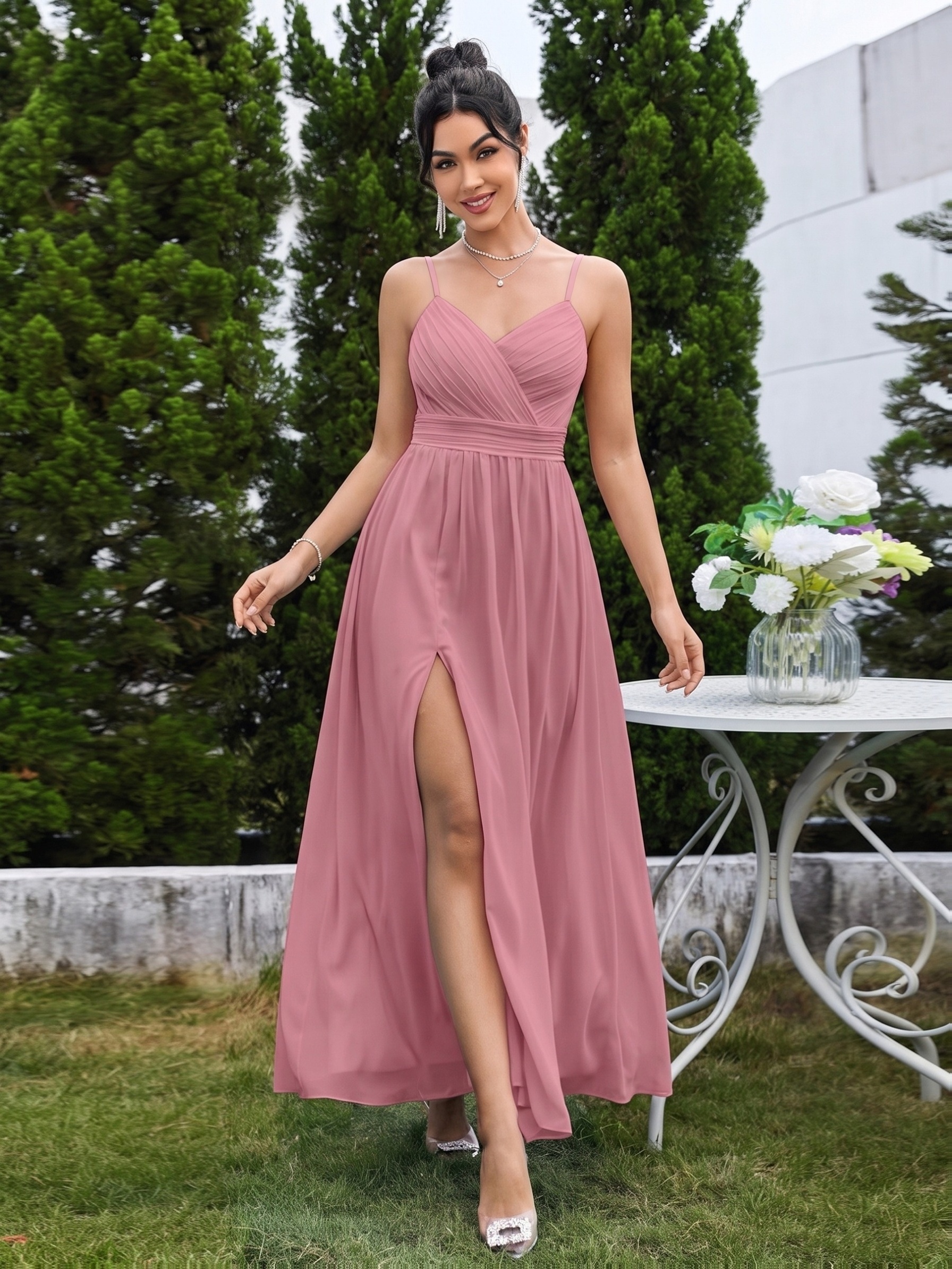 Elegant Chiffon Back-wrap Spaghetti Strap Long Gown, Semi-formal, Suitable for Weddings, Vacations, Birthday Parties, and Other Occasions