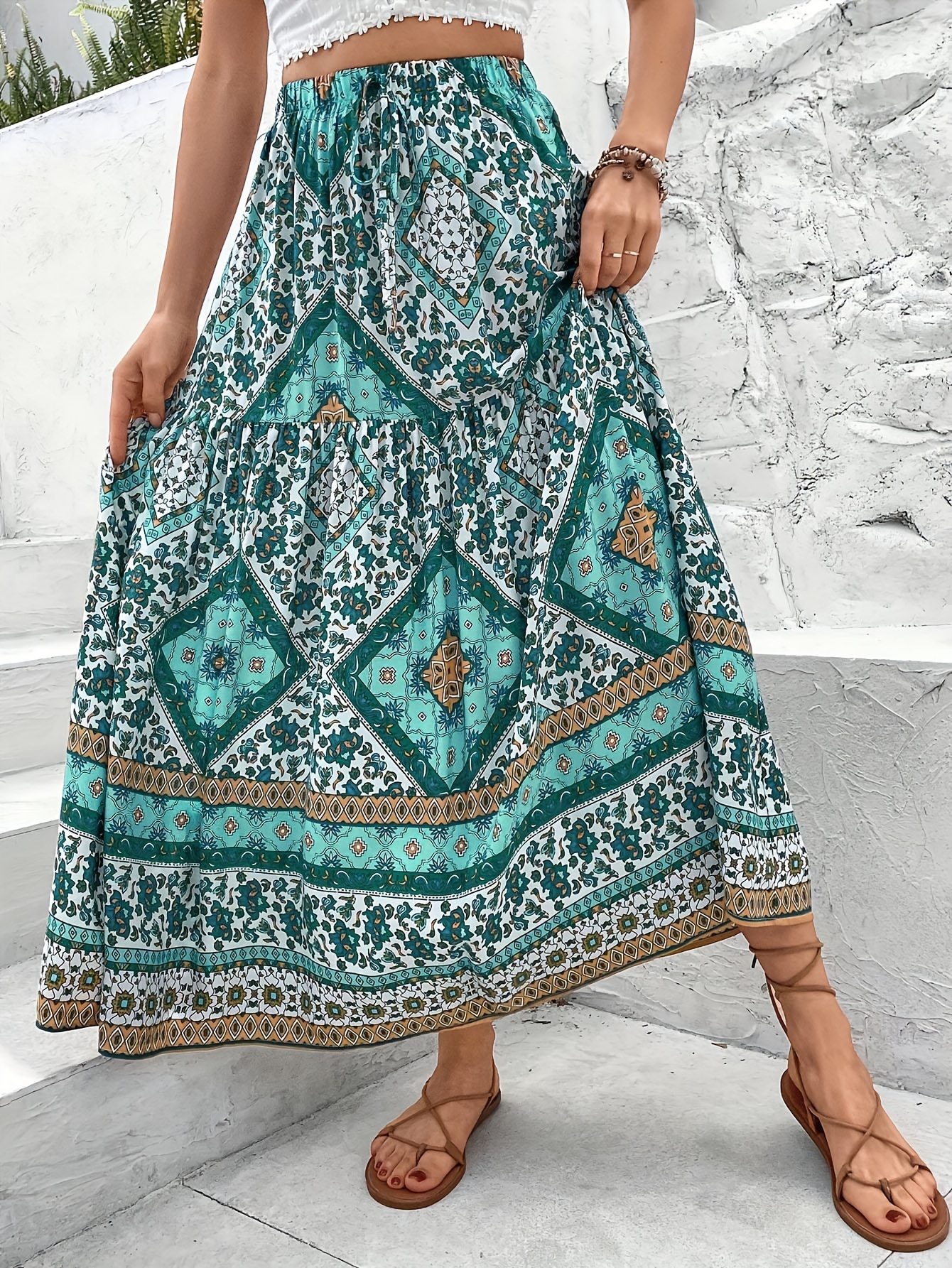 Ethnic Floral Print High Waist Skirt, Vacation Style Maxi Skirt For ...