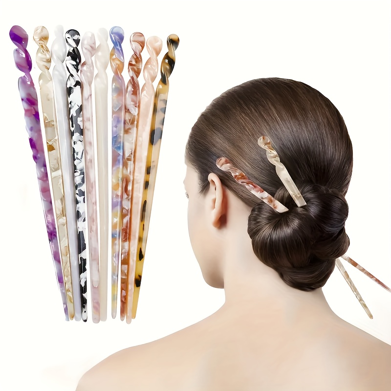 

10pcs Elegant Shell Hair Sticks - French Style Hair Forks In Assorted Colors For Chic Bun Hairstyles