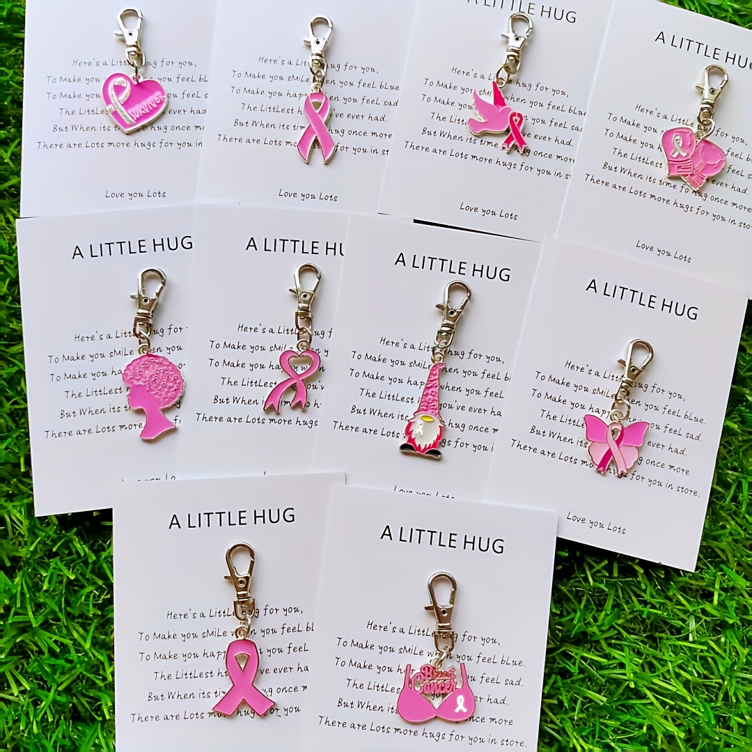 TEMU 10pcs Breast Awareness Keychains With Inspirational Cards - Charity Keyrings, , Durable Metal & Alloy, Breast Awareness Month Gifts, Charity