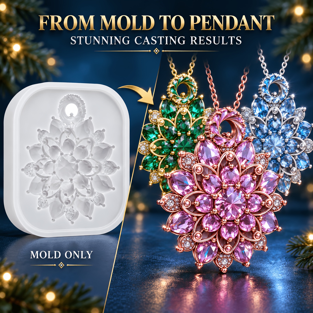 TEMU Resin Silicone Mold, Gem Flower Pendant Mold With Hanging Hole, Crystal Fine Relief Epoxy Resin Casting Mould For Christmas Ornament Necklace