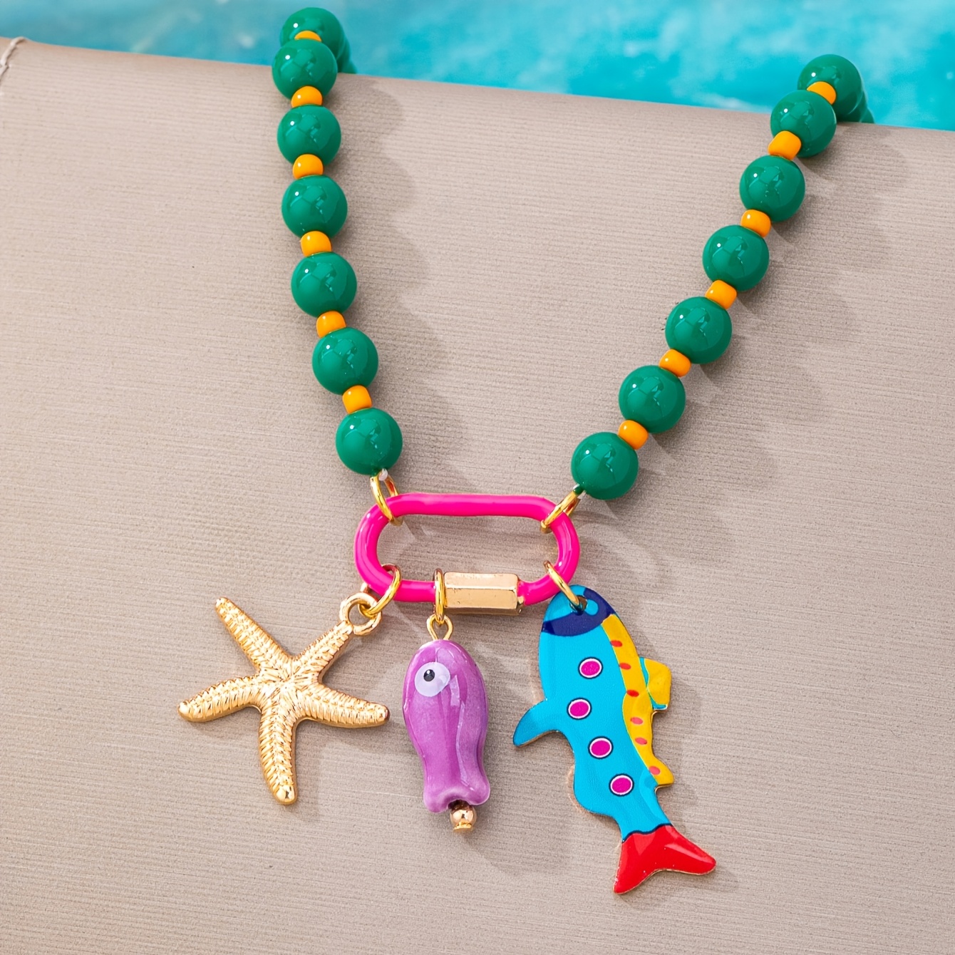 Bohemian Multi-Layered Resin Bead Necklace with Fish & Starfish