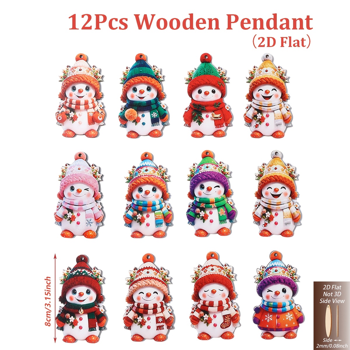 TEMU Colgantes de madera de con sombrero y bufanda, 2D planos, 12 piezas, adornos colgantes para árbol de Navidad, decoración para de Navidad,