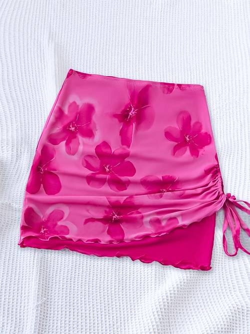 ladies casual beach skirt with drawstring made of mesh fabric featuring floral dyeing and a