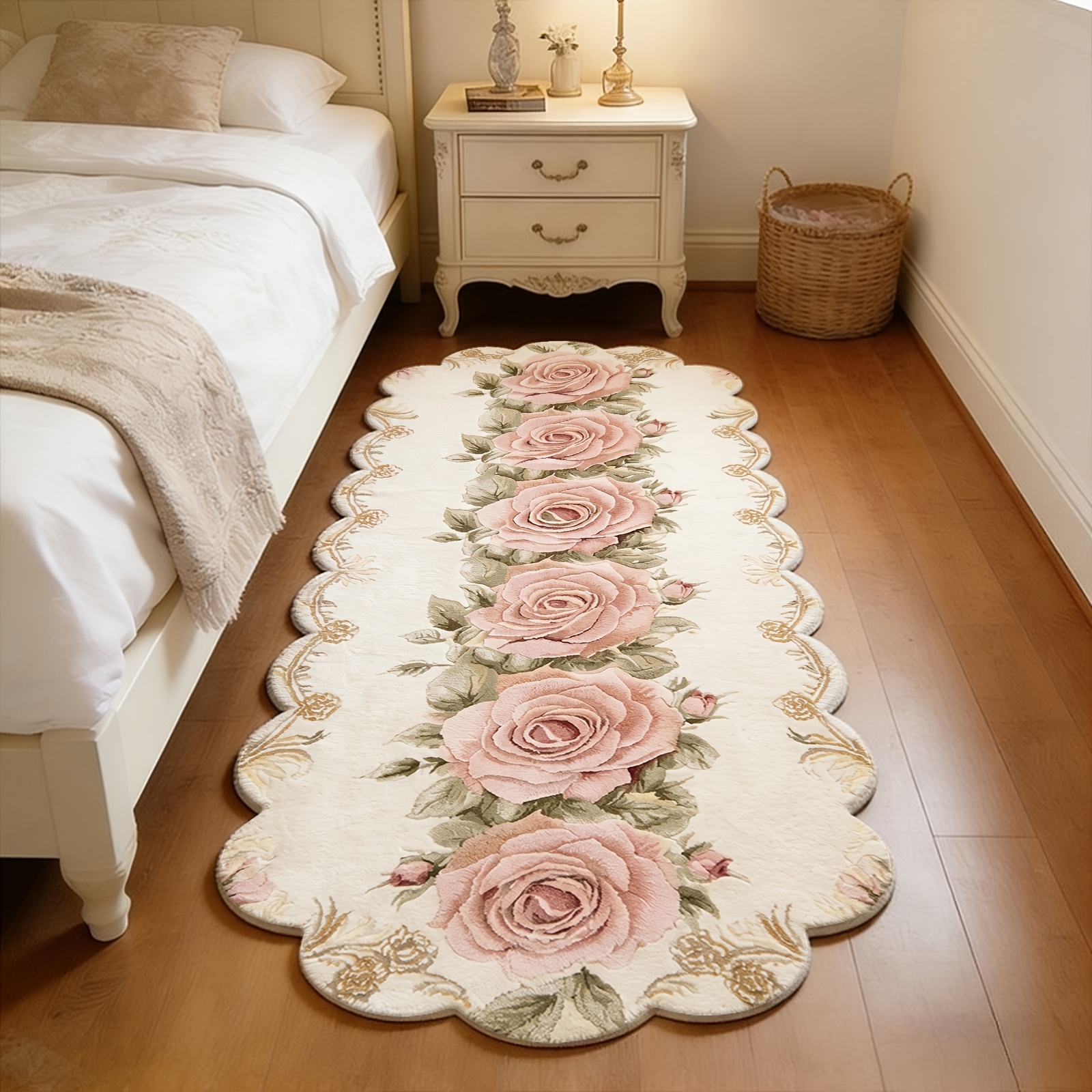 TEMU Light Luxury Rose Pattern Bedroom Decorative Bedside Rug, European Country Style Living Room Sofa Carpet, Fluffy And Soft Vanity Rug, Washable