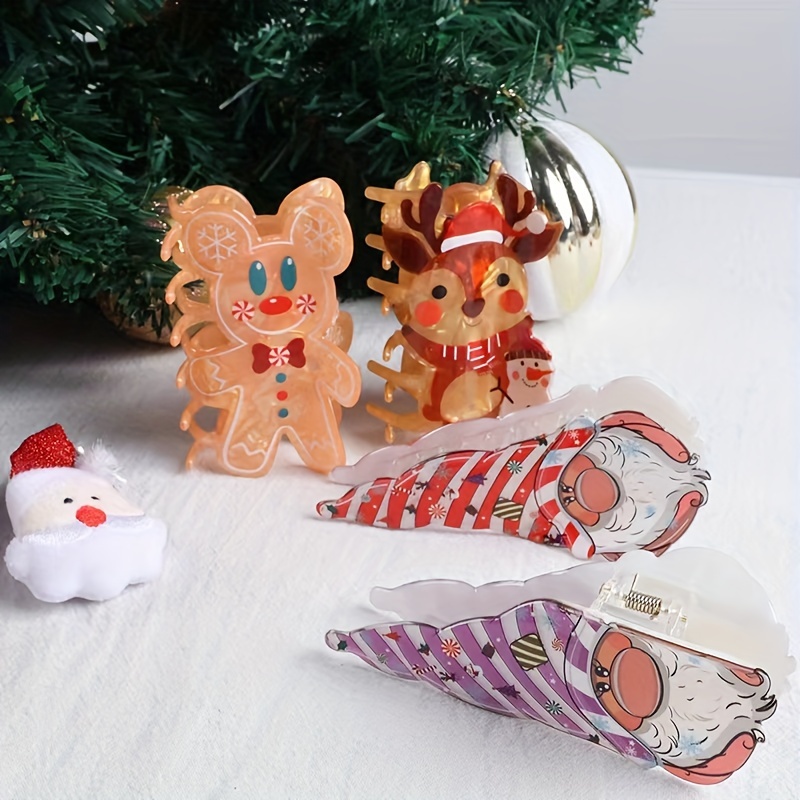 

Christmas Hair Claw - Large Acrylic Shark Clip With Cute Gingerbread, Reindeer & | , Fit For Women And Girls