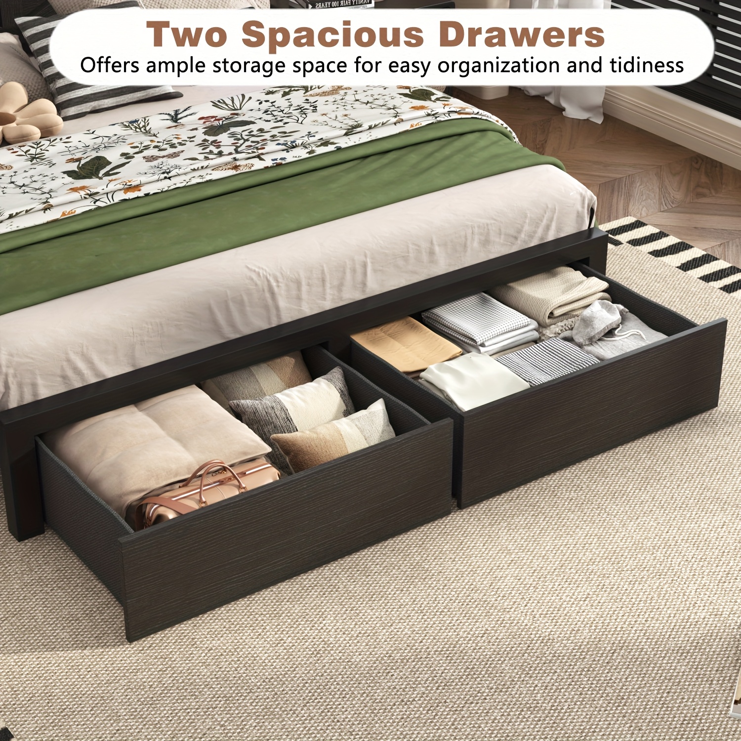 Farmhouse Bed Frame with Storage Headboard and Drawers, LED Light and Charging Outlet, Noise Free, No Box Spring Needed