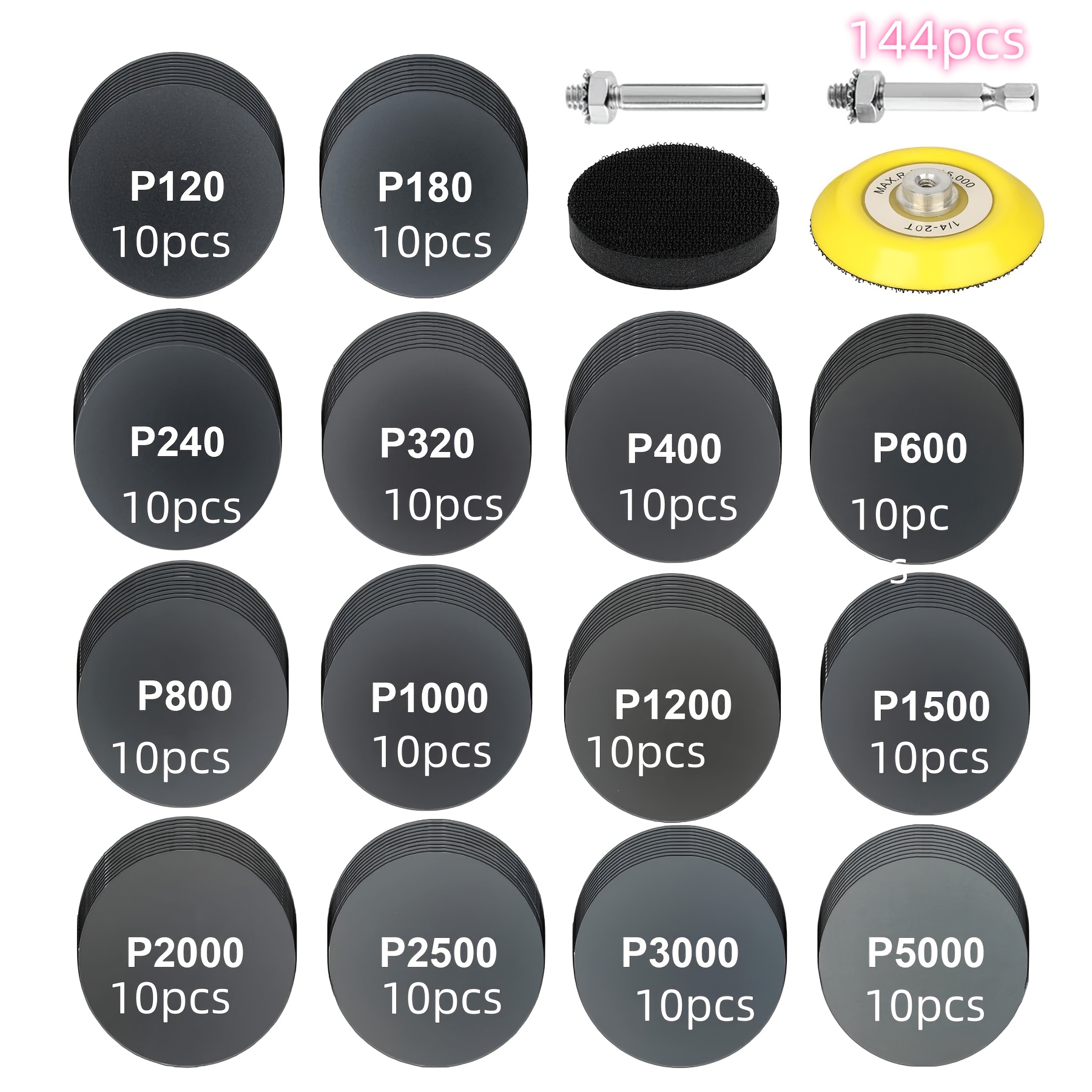 Image of 144pcs Of 7.62cm Wet And Dry Sanding Discs, Grit 120-5000| Hook And Loop Sandpaper Headlight Repair Kit For Drilling Rotary Tools, Car, Wood, Metal, Plastic, Glass Polishing