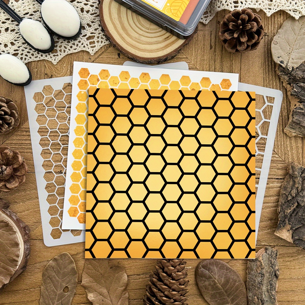 

2pcs 6x6in Hexagonal Honeycomb Bee Layering Stencils For Diy Scrapbooking, Painting, Embossing, And - Plastic Templates