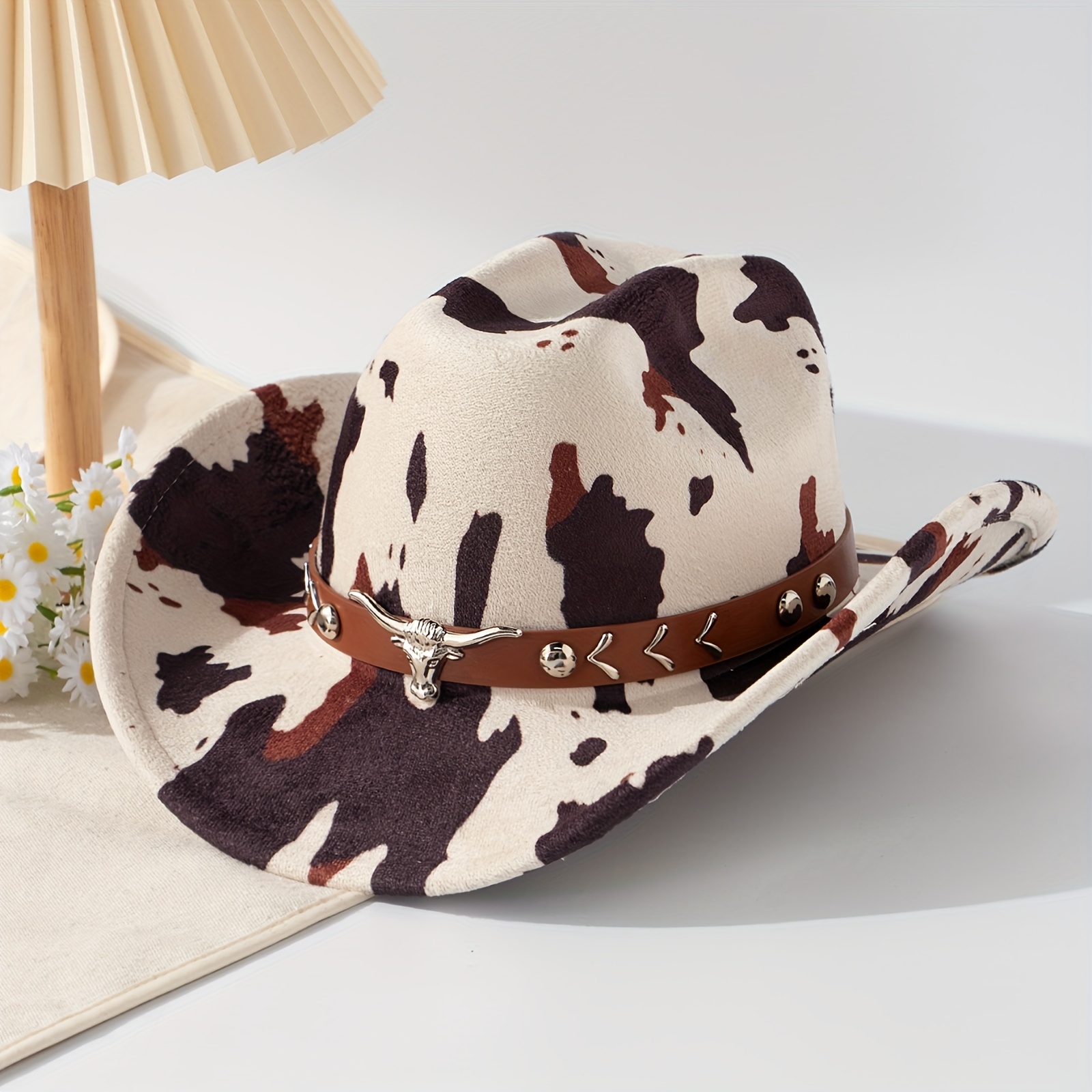TEMU Sombrero de Vaquero Vintage para con Parche de de Vaca, Bloque de Color y Cabeza de Plateada, Correa Sólida de Paja de y Botón Grande con