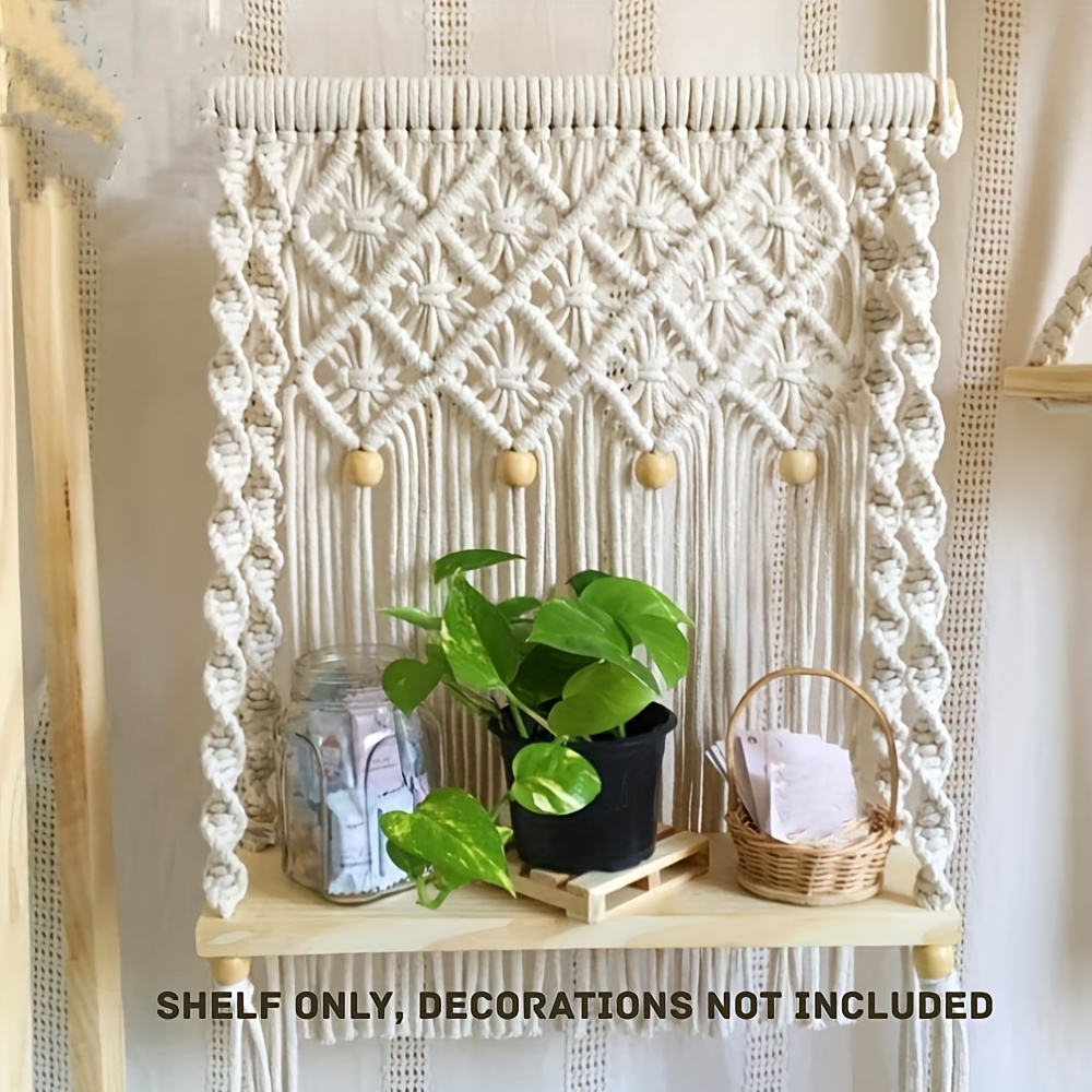 Image of Wall Hanging Rack Tapestry Bohemian Style Wooden Hanging Shelf Storage Rack Handmade Cotton Rope Macrame Rack For Hanging Plants And Wall Decor, Floating Shelves
