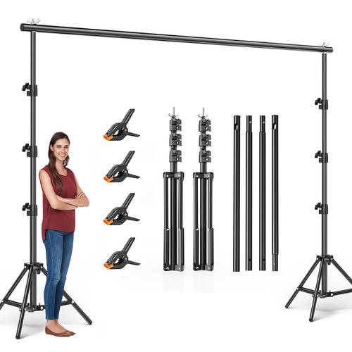 10x10ft heavy duty backdrop stand kit complete with 2 adjustable support stands 4 crossbars 4 clamps and a carry bag for photography video and party decor needs