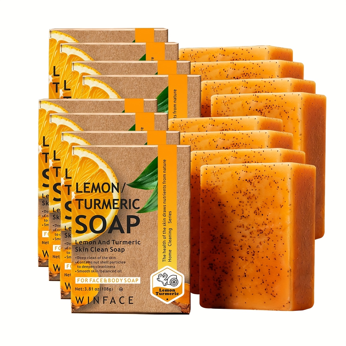 8*Bar Lemon Turmeric Kojic Acid Soap, Body Deep Clean, Moisturizing, Refreshing, Oil Controlling Shower Soap, Turmeric Clean Stain, Lemon Clean, Kojic Acid for Light Beige Care, Travel, Household Items, Christmas Gifts-3.81 Oz*8 Bar