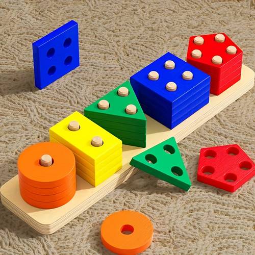 wooden five set columns for shape recognition color sorting and stacking enhancing hand eye coordination suitable as a birthday or christmas gift for boys and girls