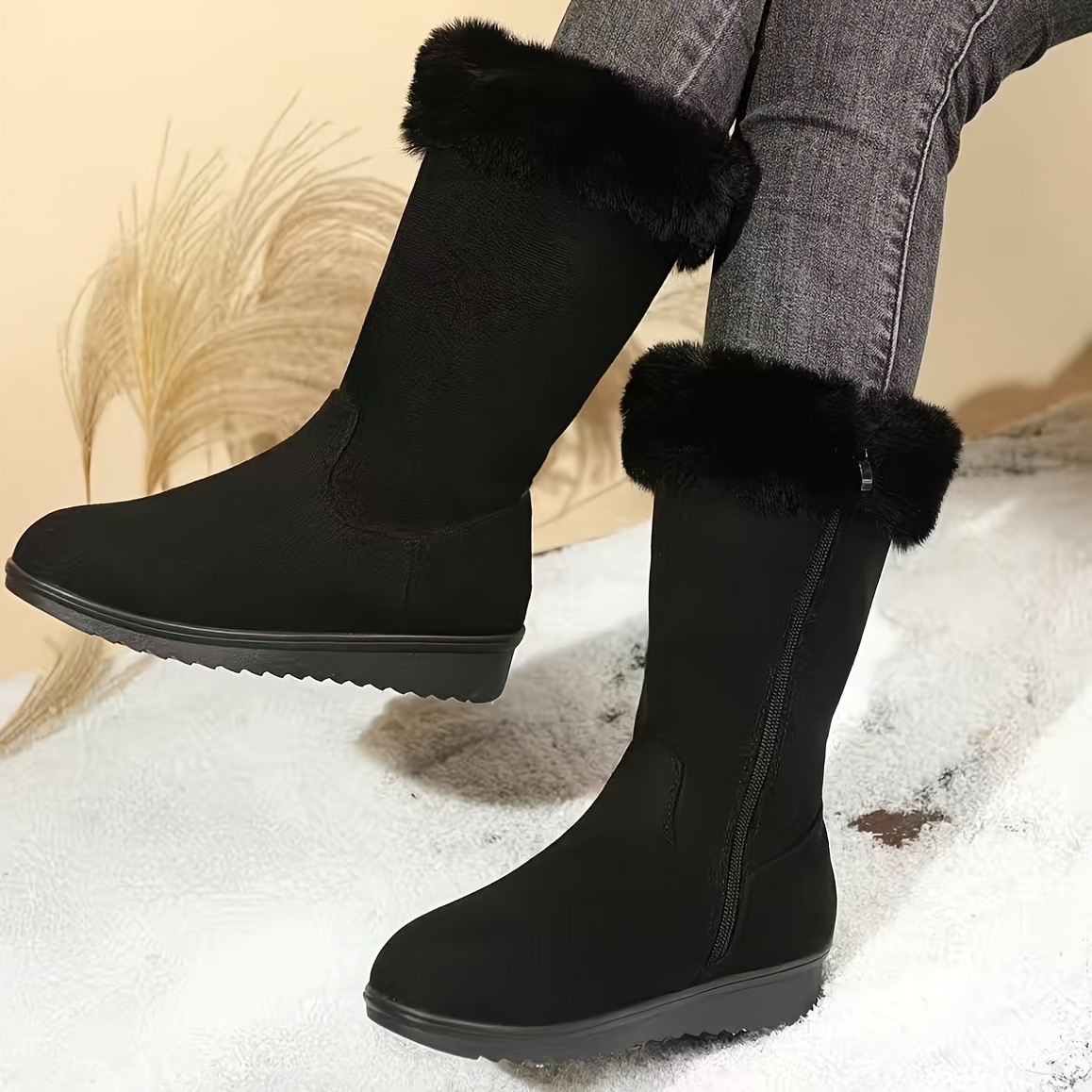 TEMU Bottes de neige pour femmes avec rembourrage épais, doublure, talon incliné, tissu et chaud, fermeture éclair latérale, bottes d'hiver