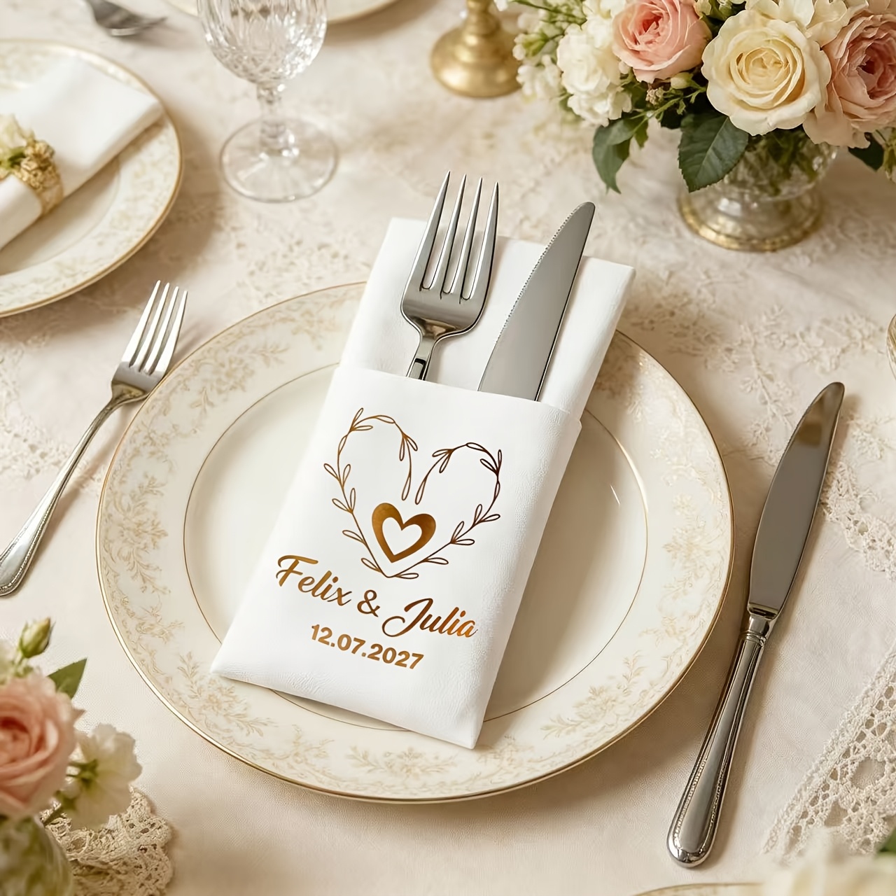 TEMU Premium Dust-free Napkins, Party Napkin Storage Bags, Cutlery Pouches, Pre-folded Decorative Tissues With Personalized Groom And Bride Names And