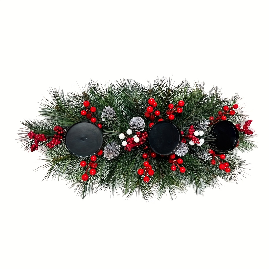 TEMU 1pc, 23 Inch Christmas Candle Holder Centerpiece, (simulated Plastic Pine Cone) Artificial Pine Cone And Fruit Table Centerpiece With 3 Candle