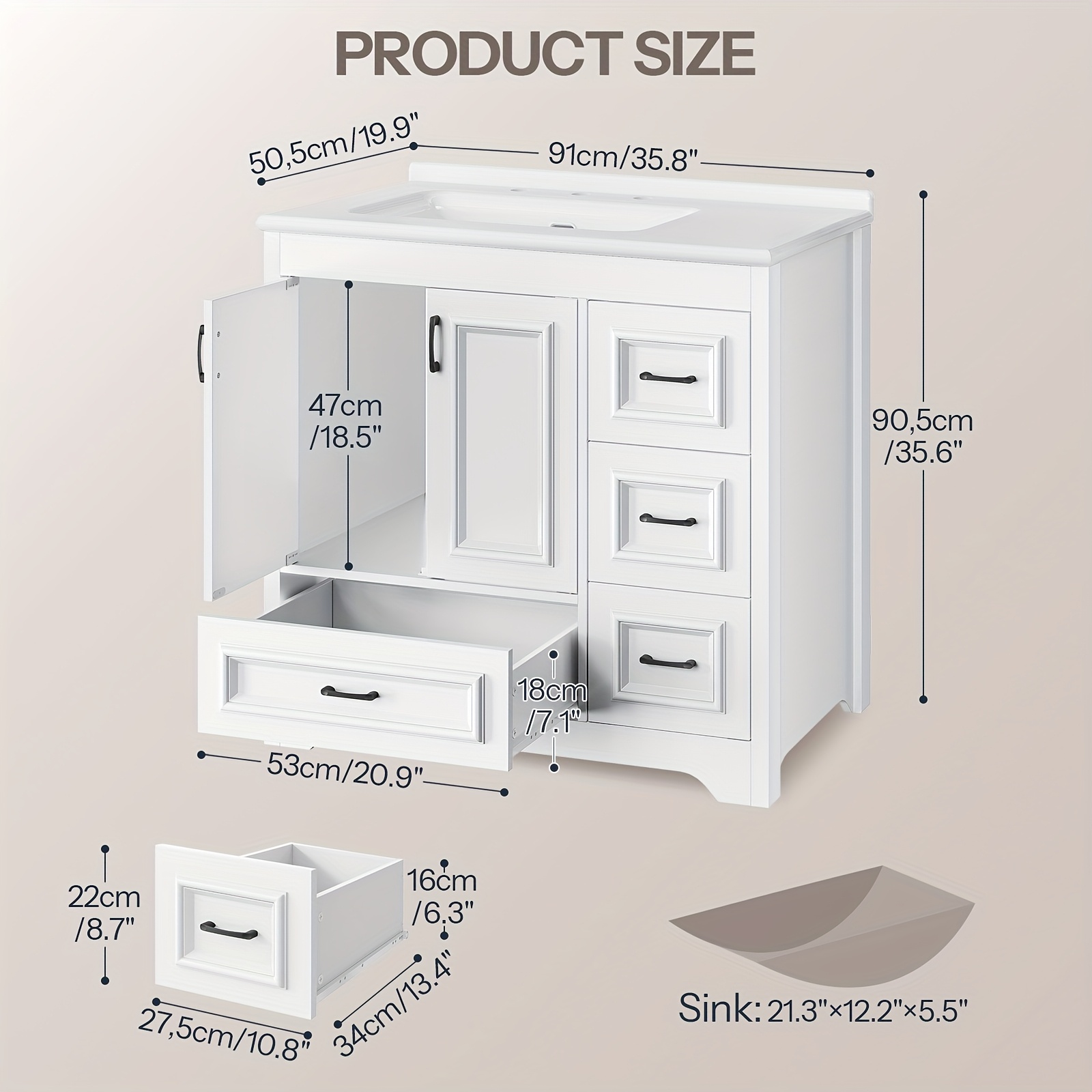 white bathroom vanity with sink   cabinet with ceramic countertop drawers and cabinet arc   design and metal glides drain kit not included for bathroom Product details 2