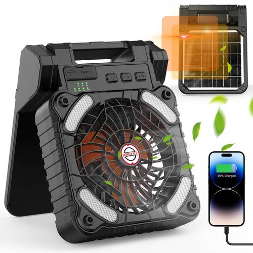 portable camping battery fan with solar panel 10400mah rechargeable fan with timer led light small usb battery powered camping fans for travel picnic outdoor indoor cooling sleeping