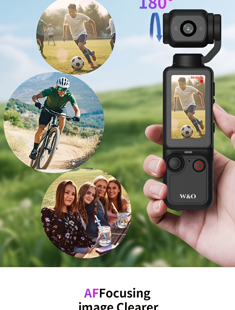 w&o 4k camera con da 1.9 e rotazione a ° - registrazione video 4k, scheda da 32gb, ricarica usb-c, stabilizzazione digitale, auto focus, compatibile per ciclismo, , vlogging - camcorder portatile per s, youtuber Dettagli dell'articolo 5