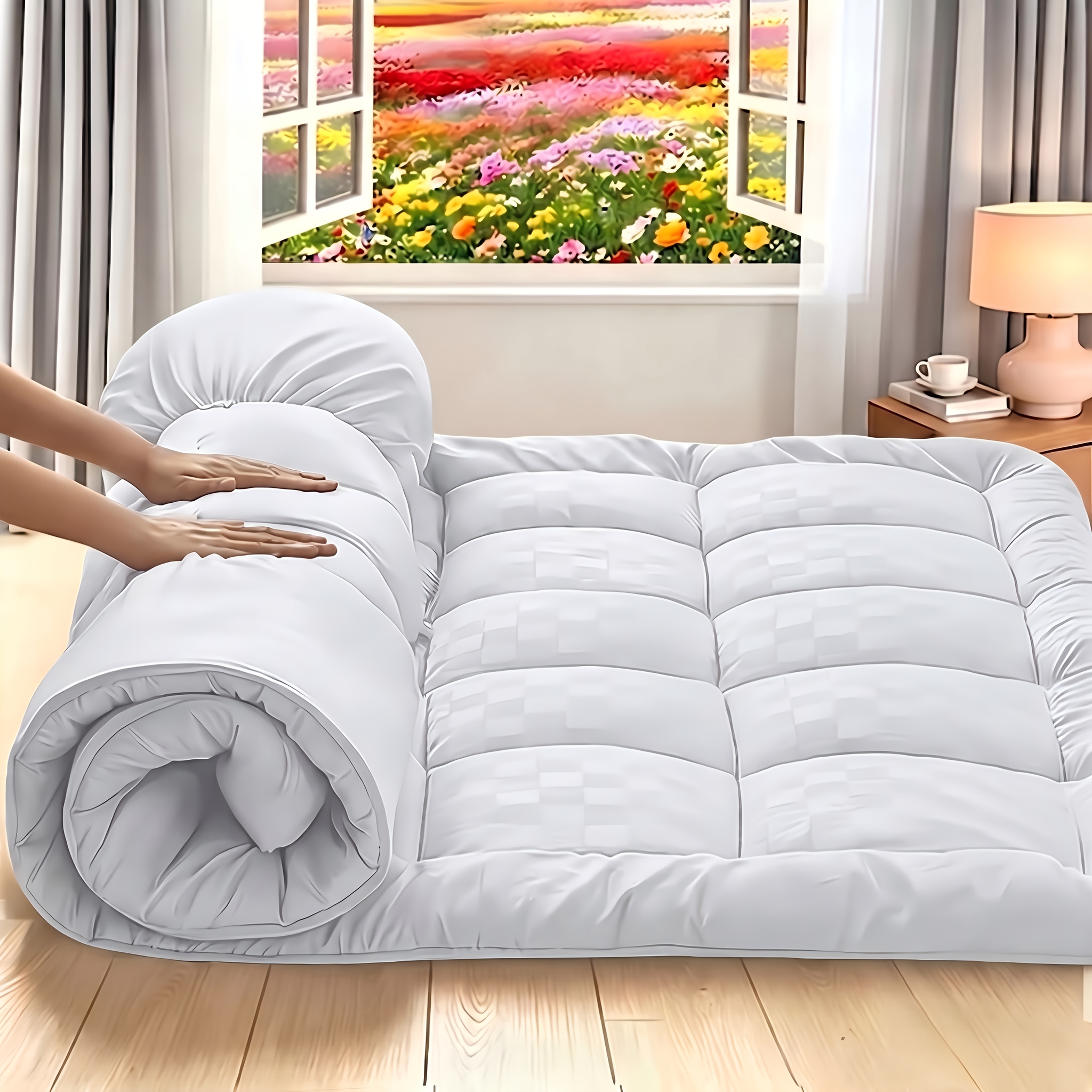 TEMU Cooling Mattress Topper, Plush Quilted Pad With 8-21 Inch Deep Pockets, Overfilled With Breathable Polyester, Mattress Protector- Machine