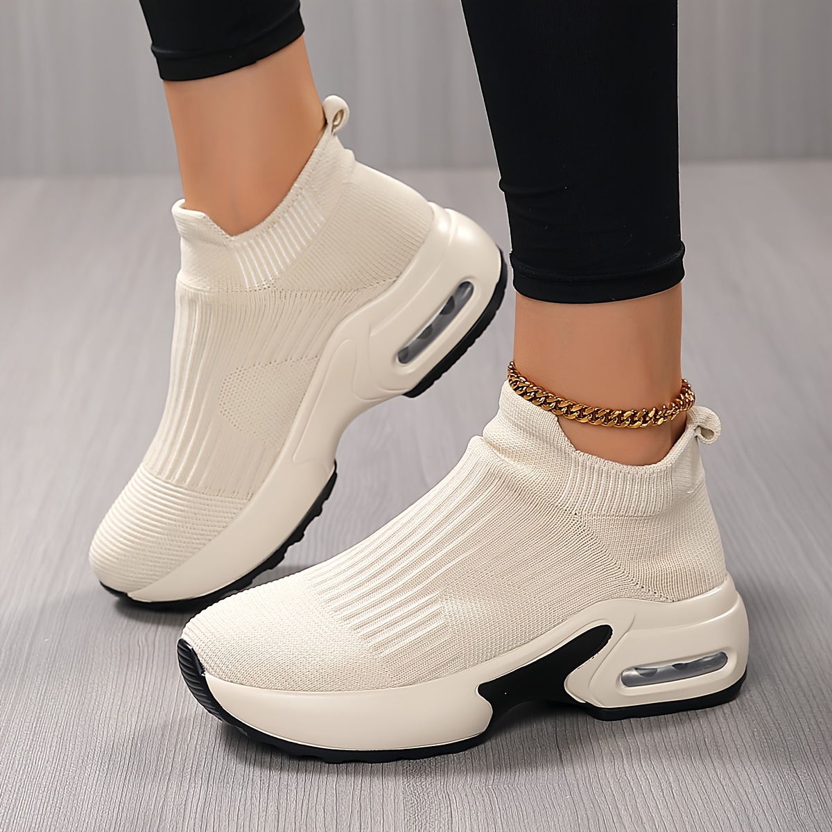 Women's Fashionable High-Top Knit Sneakers with Air Cushion Height Boost  Lightweight, Breathable Casual Running Shoes, Beige Ribbed Fabr