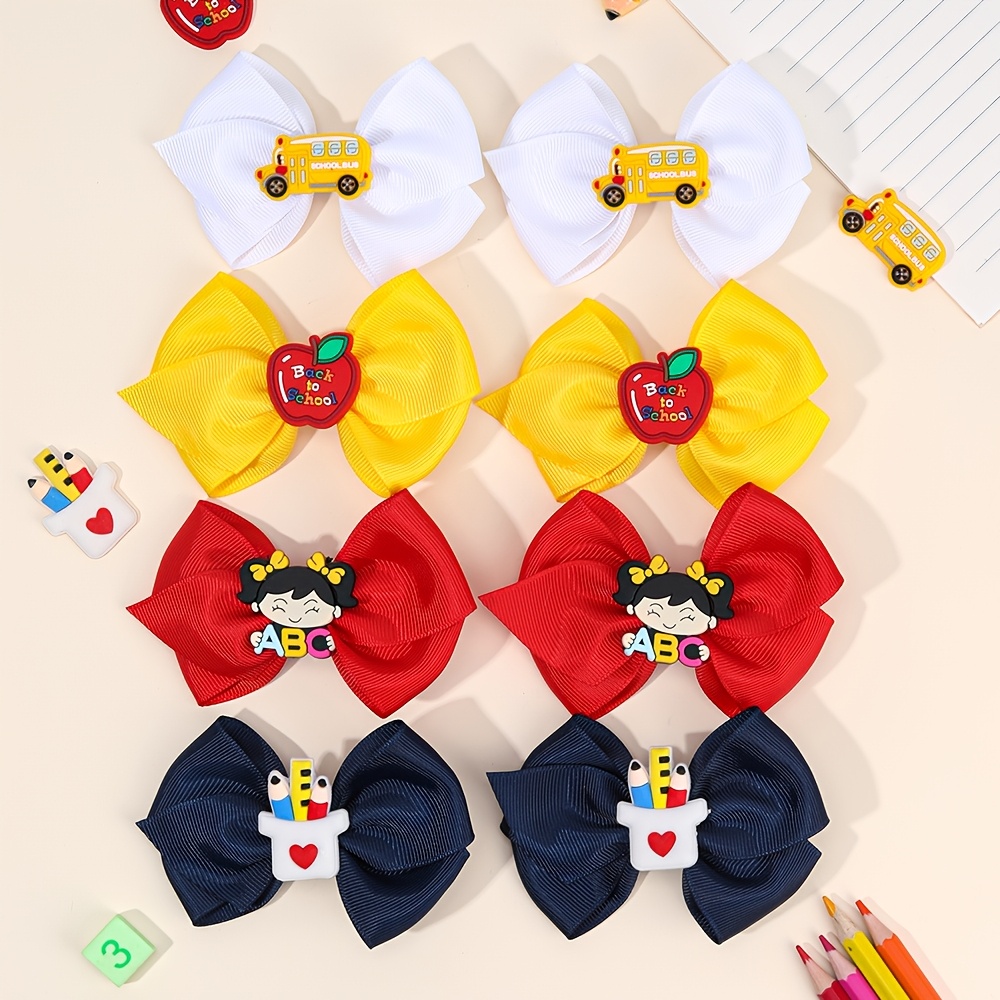 TEMU 8pcs Pinces à Cheveux Nœud Ruban , Barrettes Cheveux Pomme Bus Scolaire Dessin Animé, Épingles à Cheveux Mignonnes et Colorées, Accessoires de