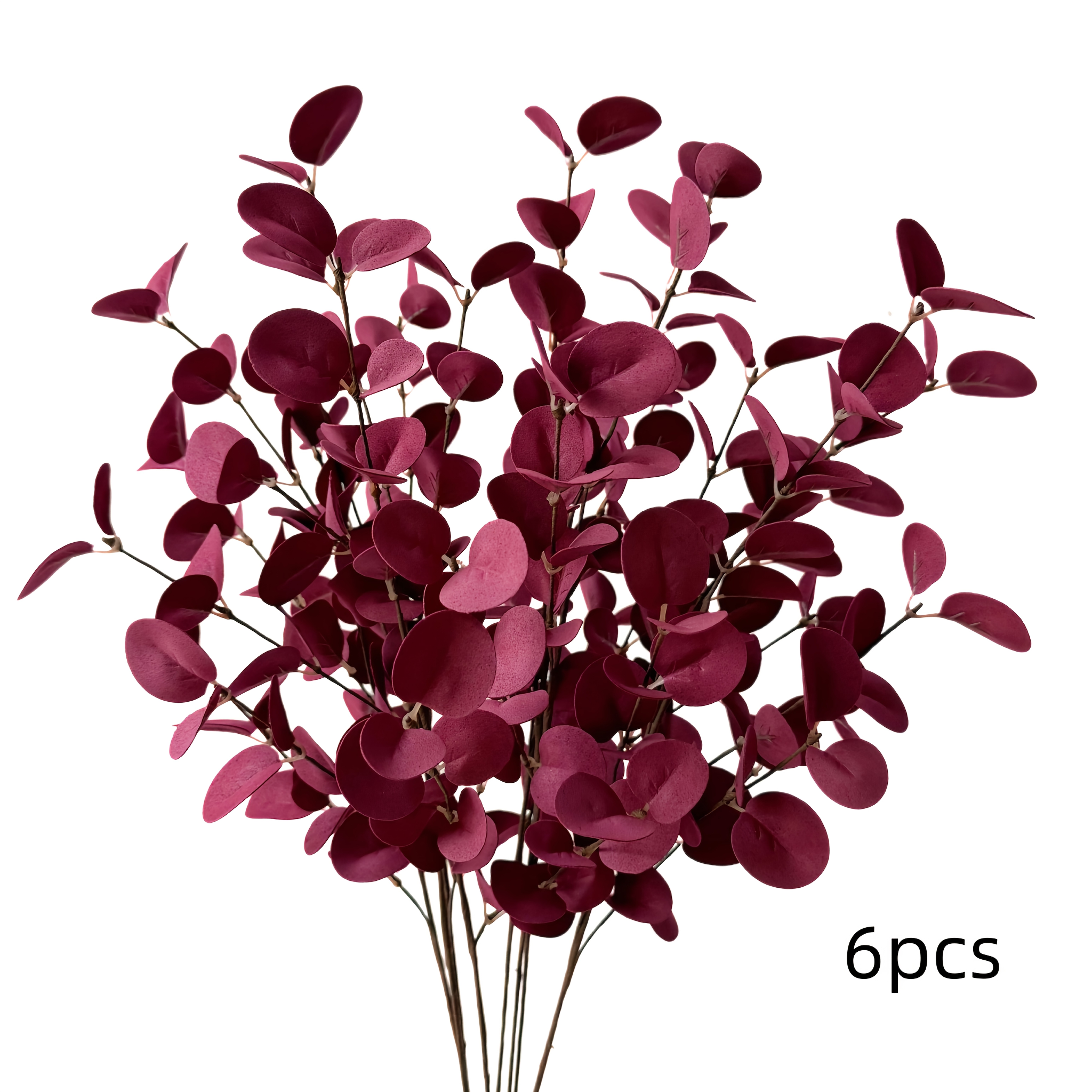 TEMU 6pcs Set Of Autumn Burgundy Faux Leaves Eucalyptus Leaves Thanksgiving Soft Decoration Party Decor Hand-twisted Flower Stems Vintage Indoor Soft