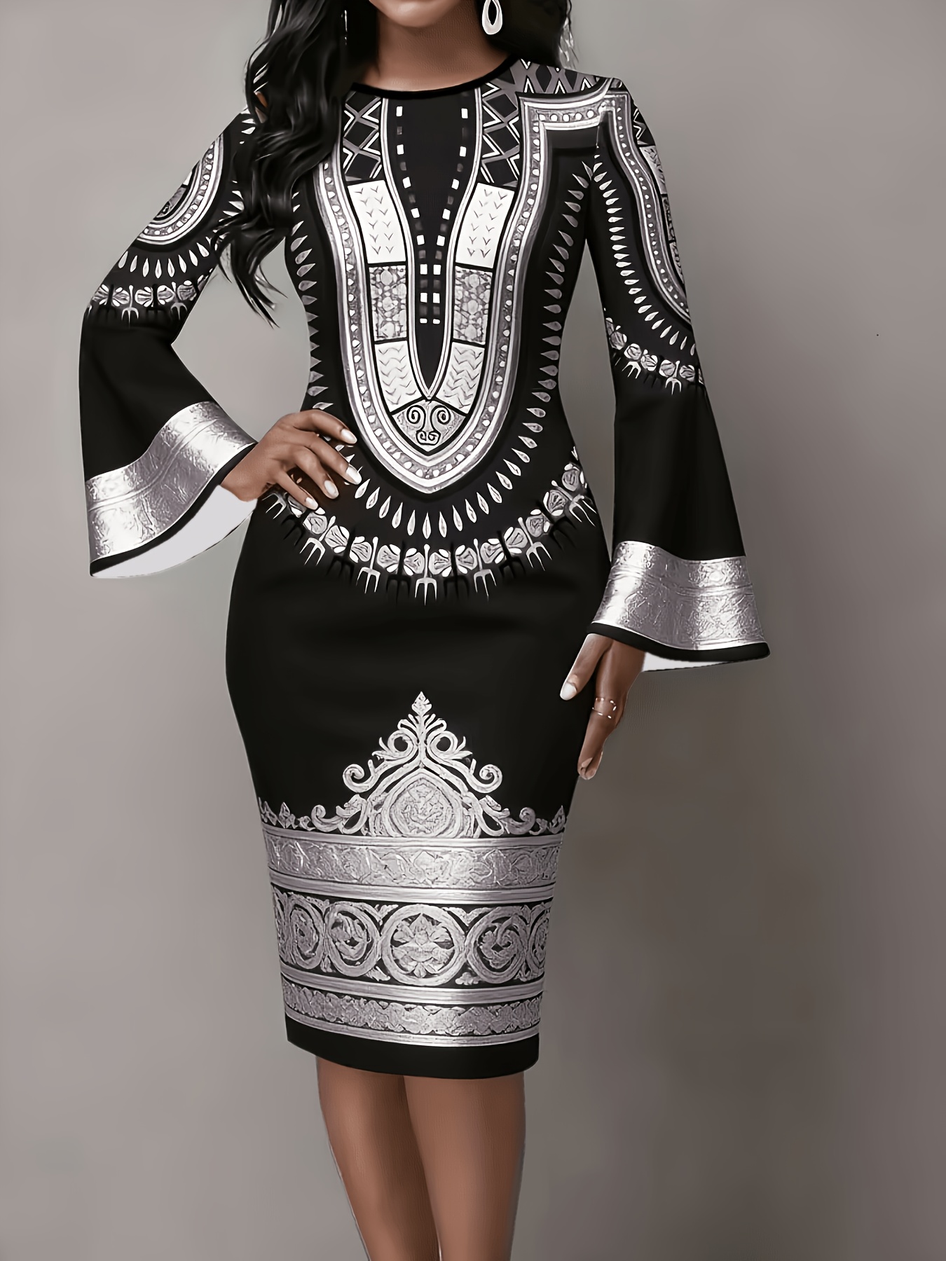 Vintage Long Sleeve Print Dress | Crew Neck, Fitted * Adult *