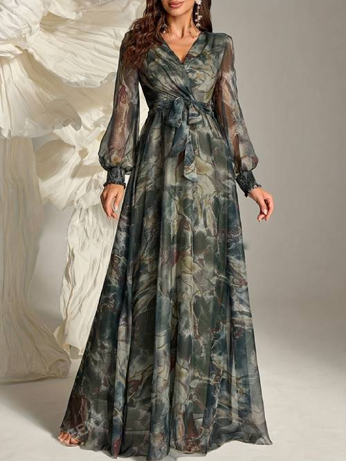 qd0901026 womens autumn winter random tie dye printed pleated dress cuff detail design high waist long sleeve ultra long dress suitable for daily casual and shopping occasions elegant and fashionable belt included