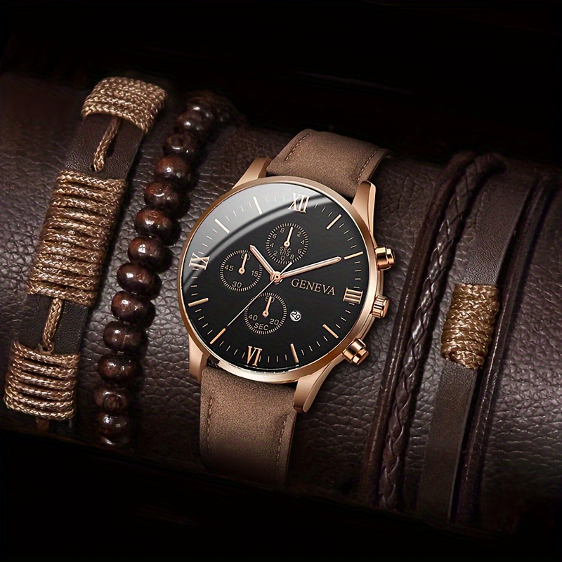 

4pcs/set Men's Business Vintage Quartz Watch Pu Leather Wrist Watch & Bracelets, Father's Day Valentine's Day Gift For Him
