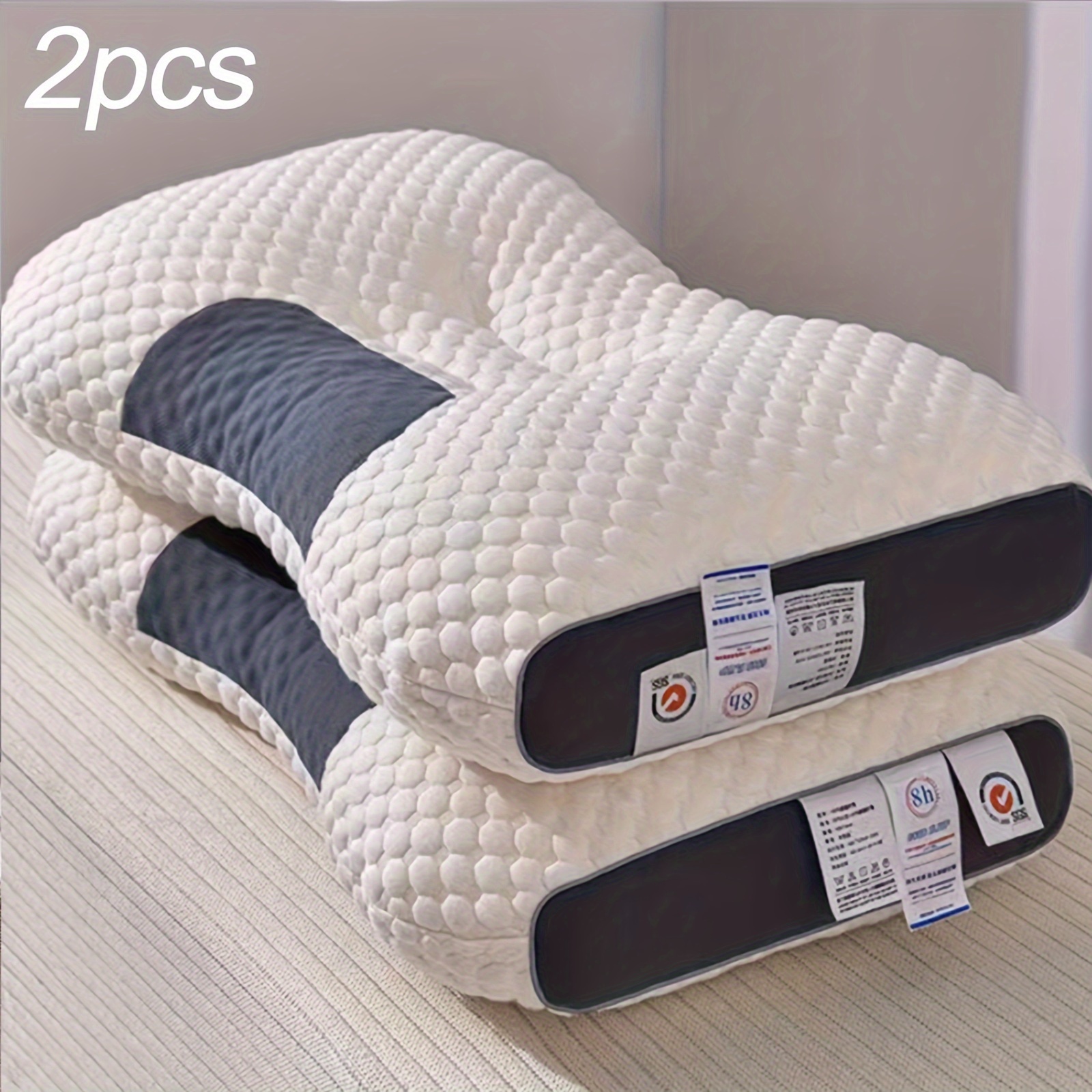 

2pcs Soft Knit Massage Pillows With - Elastic, Non-collapsing Cervical Support, Machine Washable Polyester Cover, White & Gray Quilted Design, For Neck And Shoulders