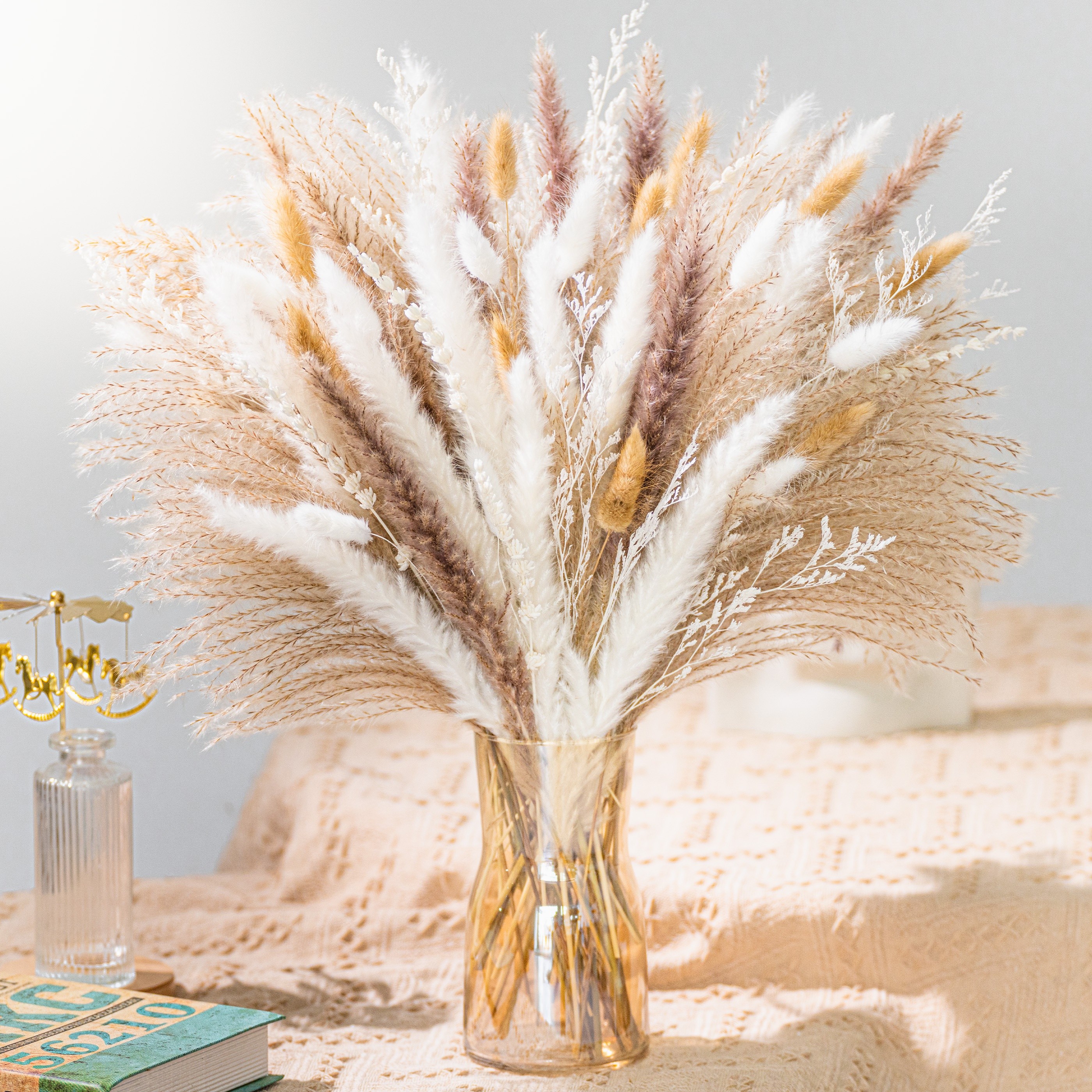 

98 Pcs Dried Pampas Grass Bouquet, Boho Table Decor, Bunny Tails Dried Flowers, Brown Pompas, White Pampas Grass For Wedding, Home, Rustic Party, Baby Shower Decorations