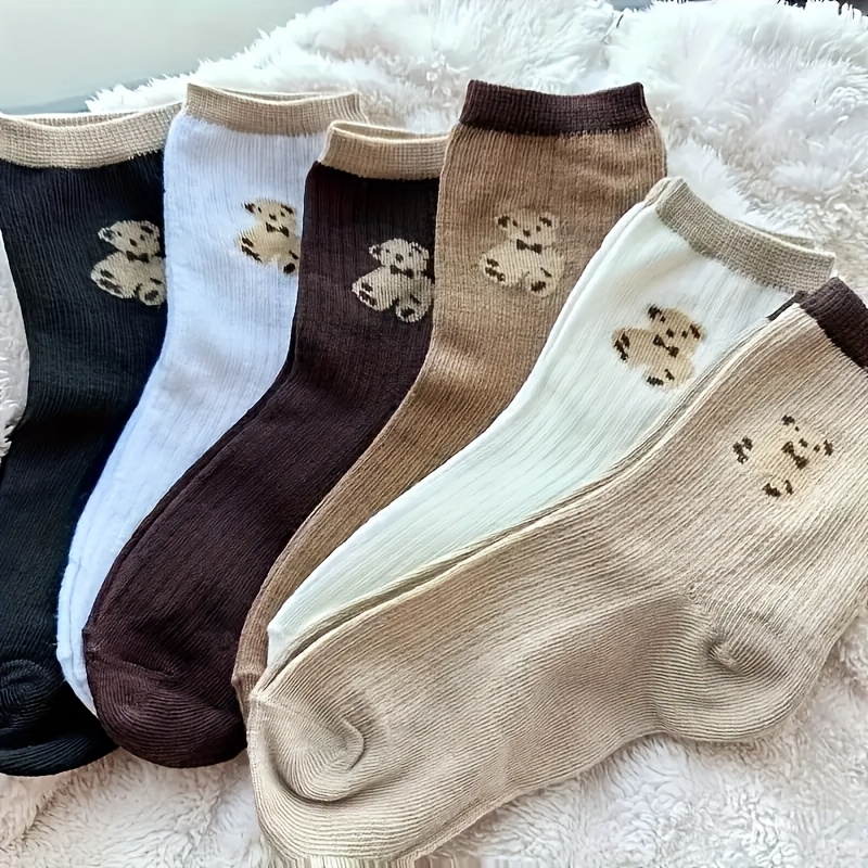 TEMU 5 Pairs Of Adorable Bear-themed Mid-calf Socks, Cozy And Warm For Outdoor Use During And Winter