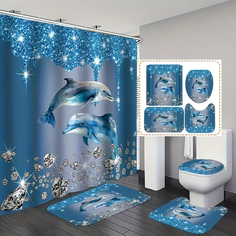 

1/4pcs Shiny Diamond Dolphin Pattern Shower Curtain Set, Shower Curtain With 12 Hooks, Non-slip Bath Mat, U-shaped Toilet Mat, Toilet Mat, Bathroom Decor Accessories