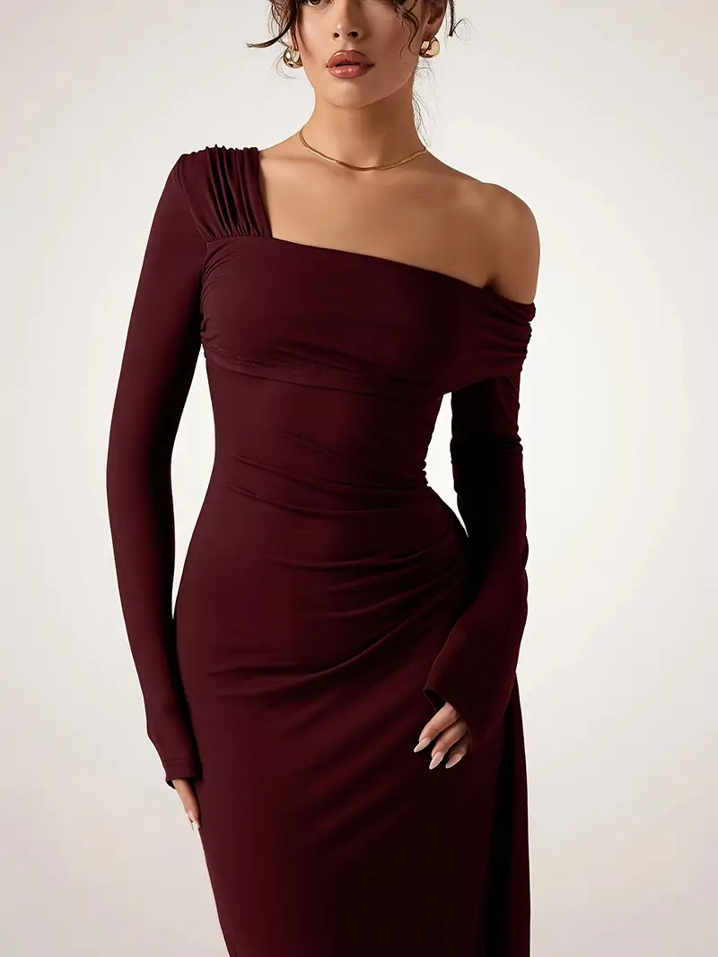 yy0309121 wine shoulder dress long sleeved fit - Temu yy0309121 wine shoulder dress long sleeved fit - Temu
