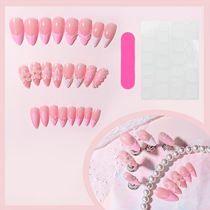TEMU 24 stuks 3D Reliëf Textuur Bloem Amandel Nagels, Press-On Nep Nagel Kit met 1 stuks Jelly Lijm en 1 stuks Buffer Vijl, Zeer Stevige Herbruikbare