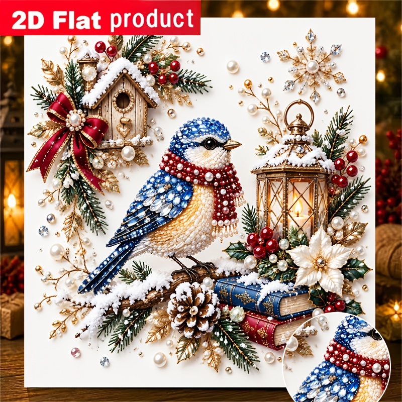 TEMU Nouveau kit de peinture diamant DIY perles colorées, pour motif de décoration de Noël oiseau bleu perché sur une branche enneigée avec lanterne