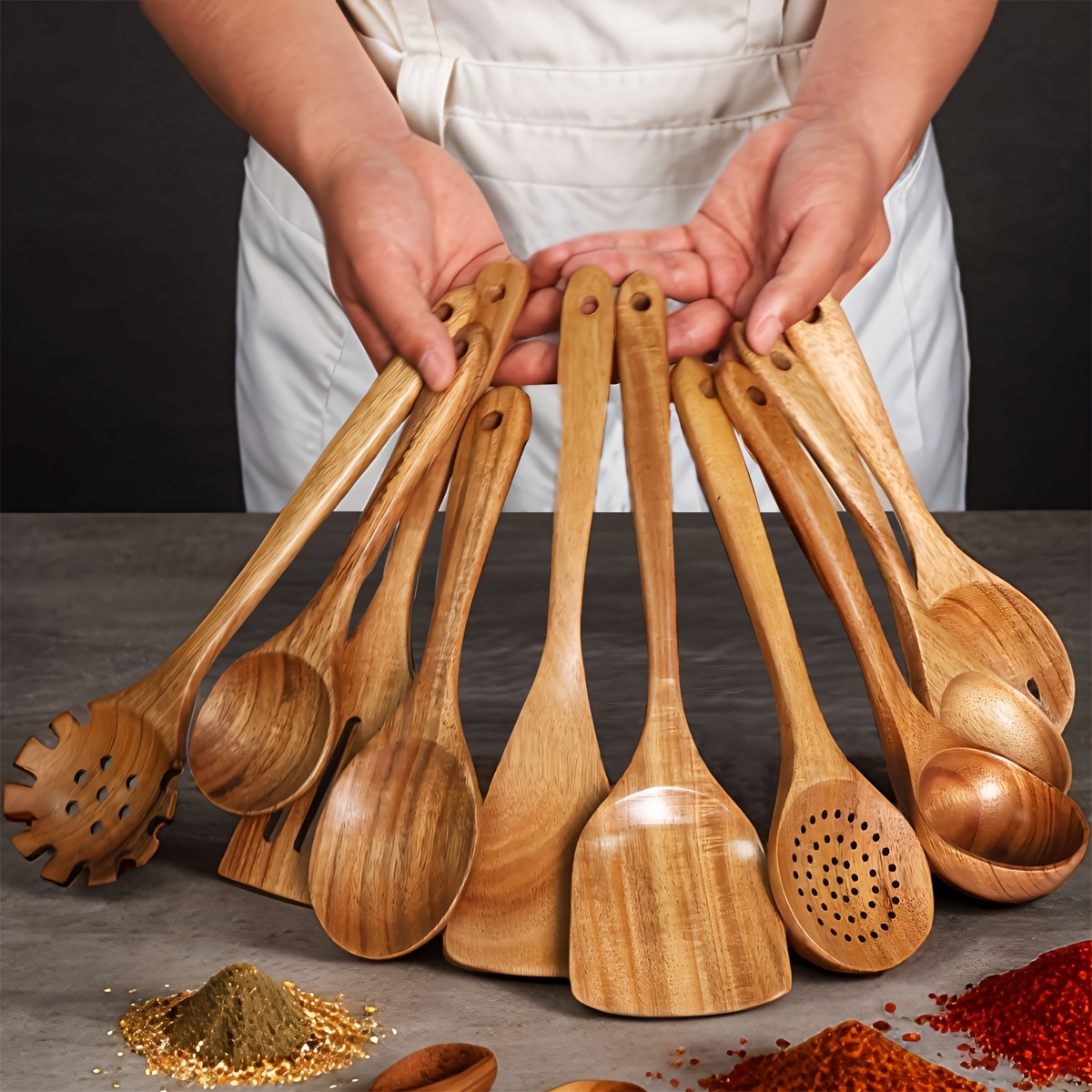 TEMU 10pcs Wooden Spoons, Kitchen Wooden Utensils For Cooking, Wooden Kitchen Utensils Set, Cooking Utensils Set Father Gift
