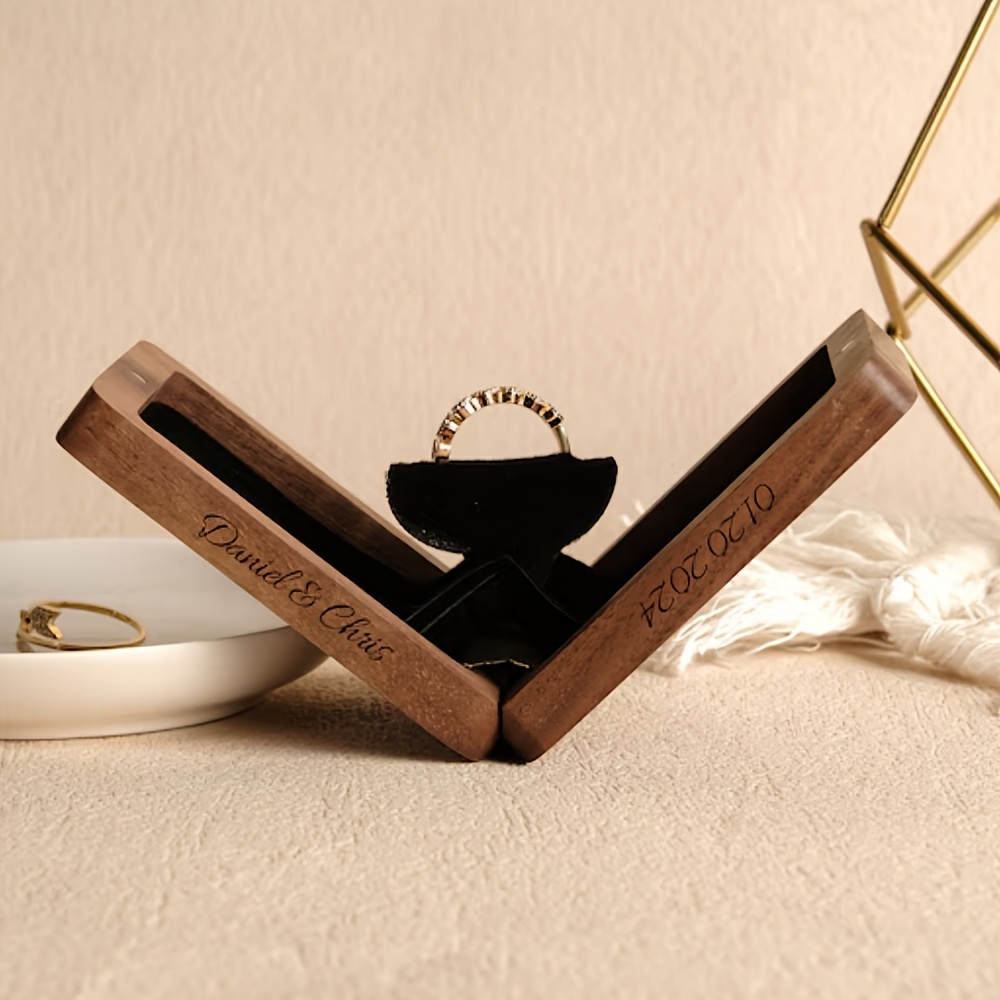 personalized rotating wooden ring box custom engraved dual names date velvet lined engagement wedding band holder rectangle jewelry storage case proposal gift for couple valentines day anniversary present romantic wedding jewelry box for him