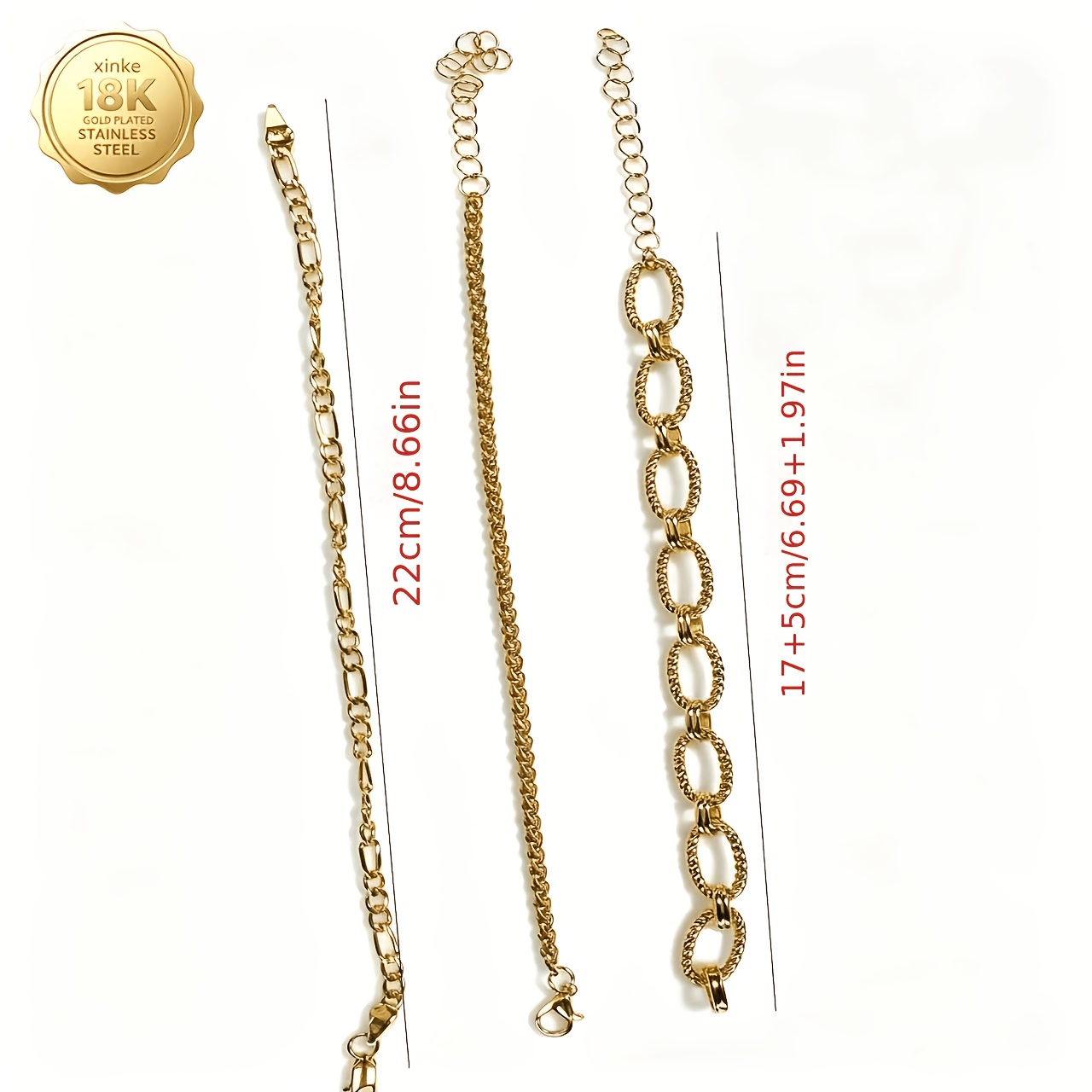 3pcs Set - 18K Plated Unisex Elegant Simple Bracelets