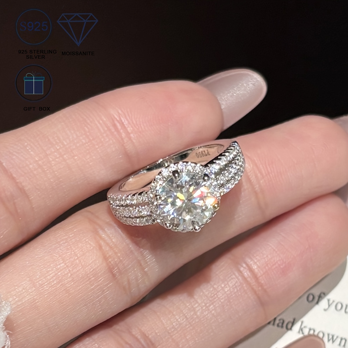 925 Sterling Silvery 2 Carat Round Moissanite Ring for Women, Classic Elegant Three-Row Round Wedding Engagement Ring Jewelry, Ideal Gift for Valentine's Day, Mother's Day, Anniversary, Comes with Moissanite Certificate and Exquisite Gift Box