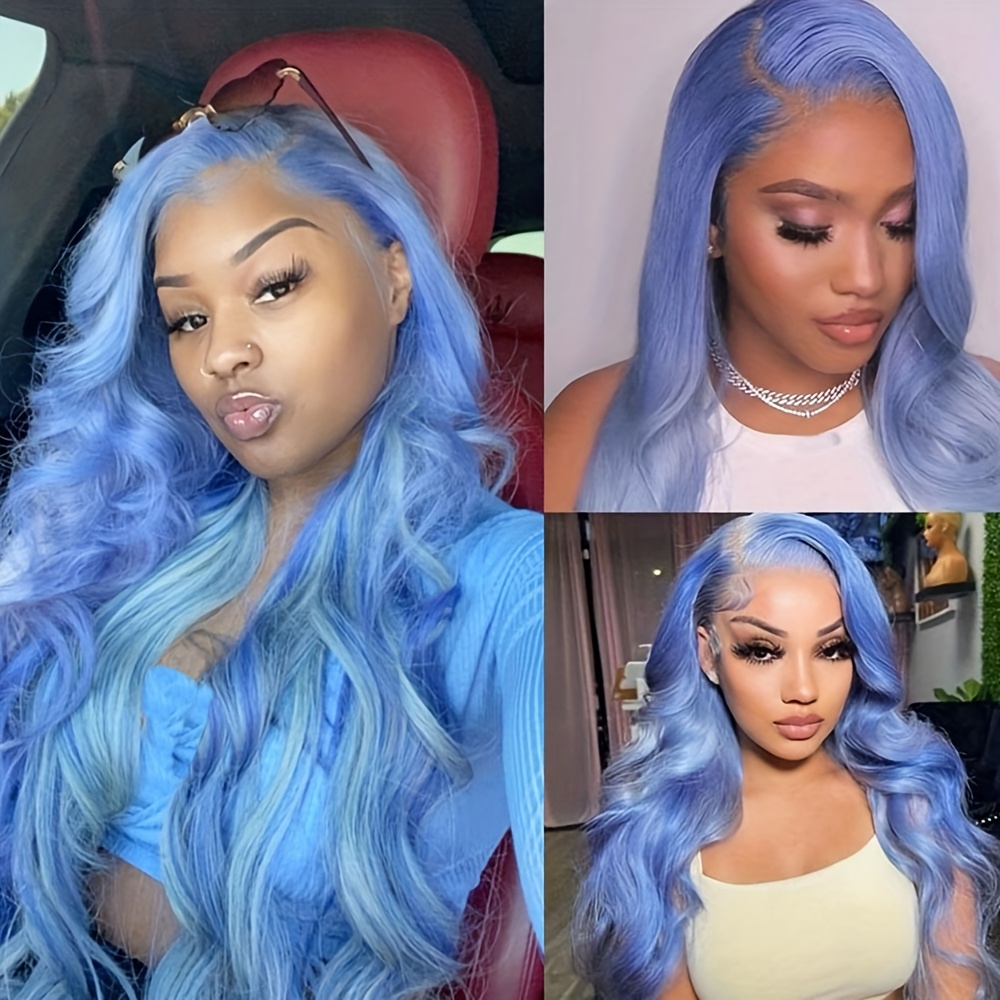 blue lace front wigs made human hair featuring a - Temu display picture 1